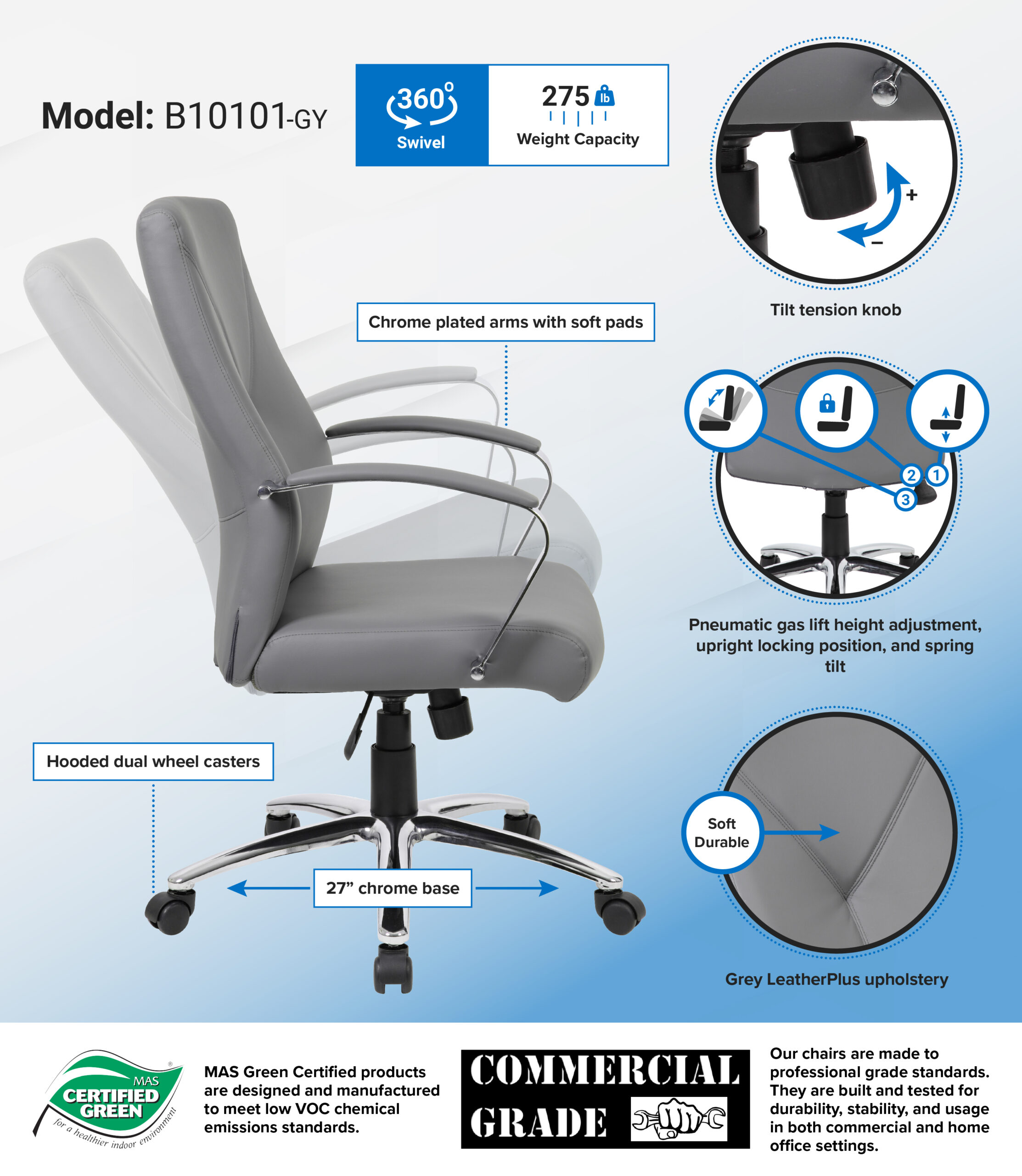 Boss LeatherPlus Executive Chair-Grey - Image 2