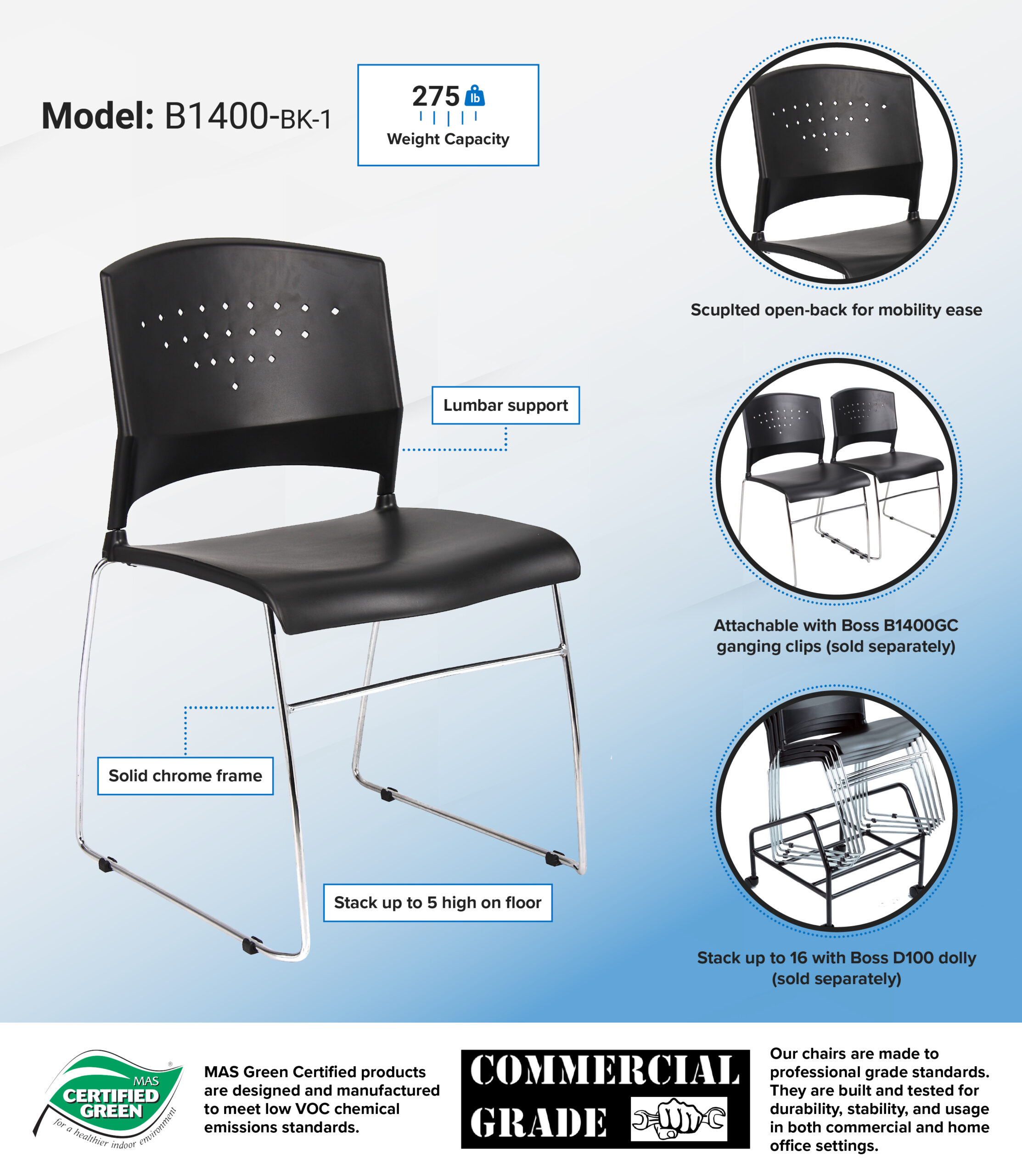 Boss Black Stack Chair With Chrome Frame, (1 chair) - Image 9