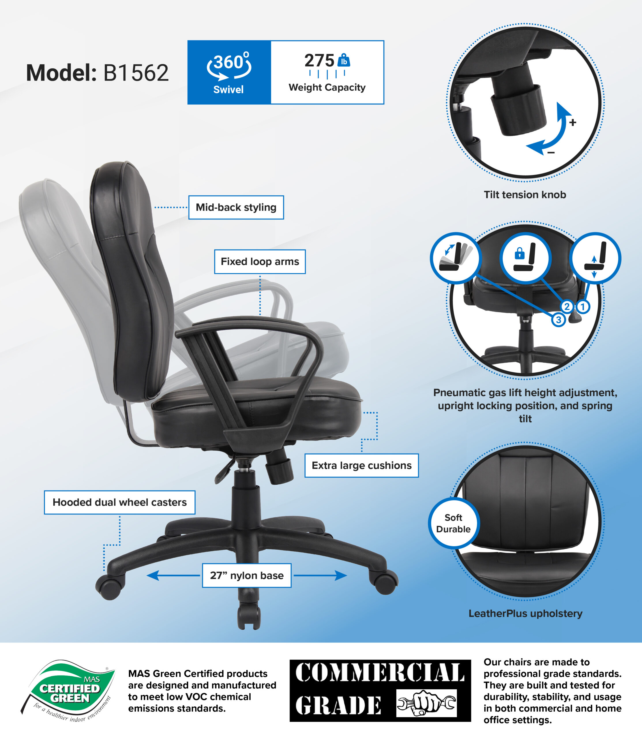 Boss Black Leather Task Chair W/ Loop Arms - Image 2