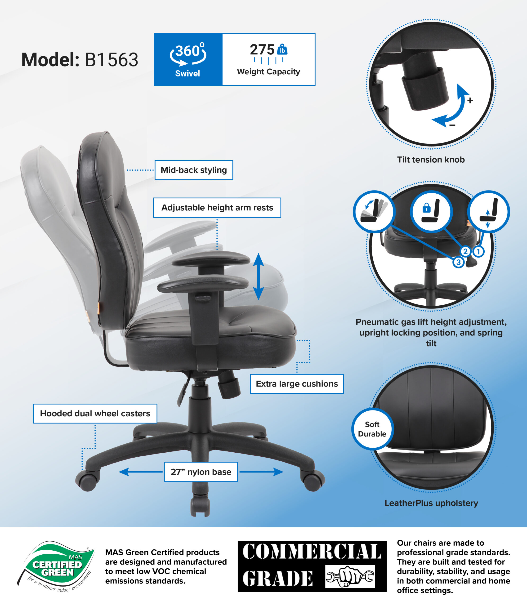 Boss Black Leather Task Chair W/ Adjustable Arm - Image 2