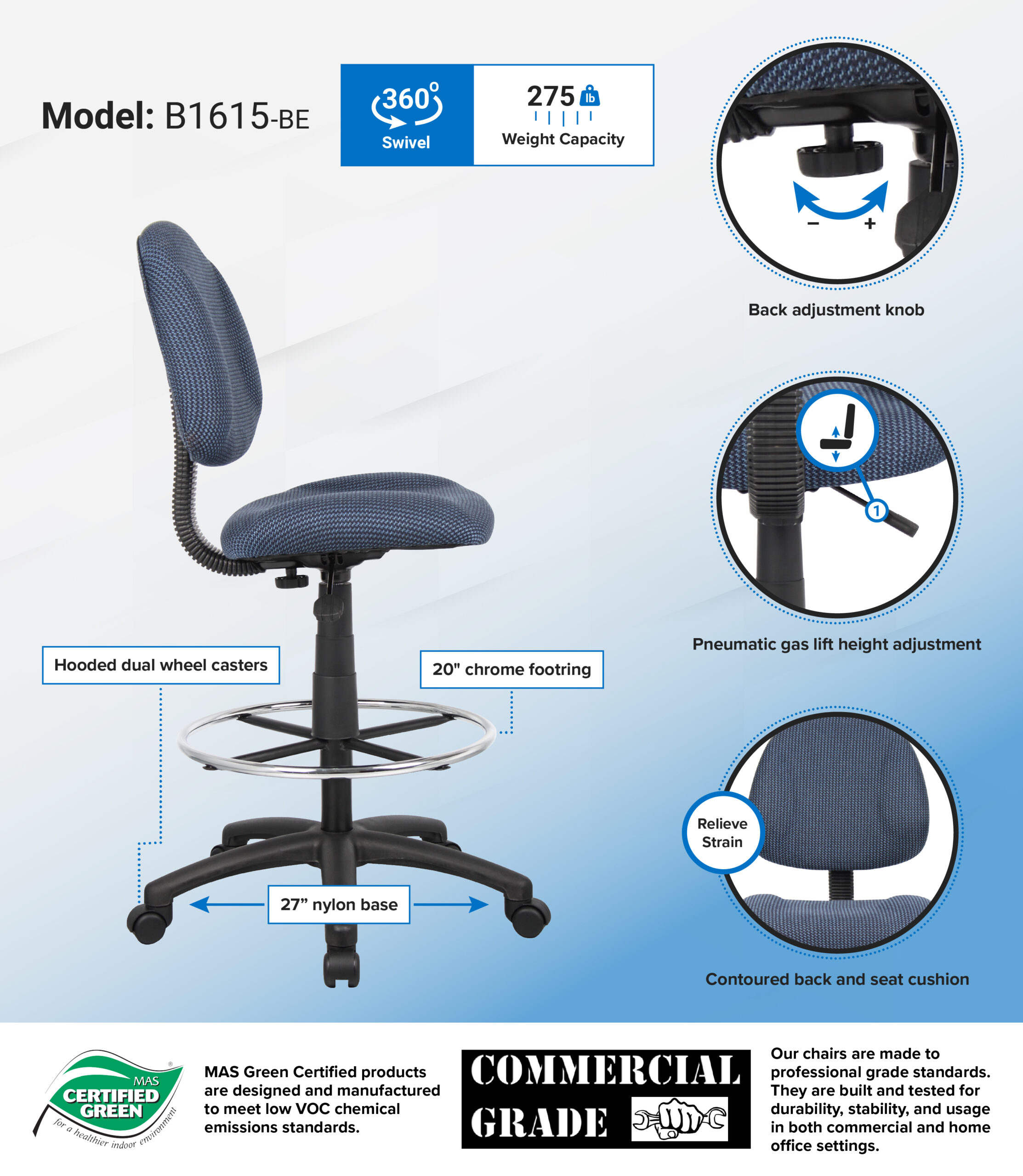 Boss Ergonomic Works Adjustable Drafting Chair without Arms, Blue - Image 2