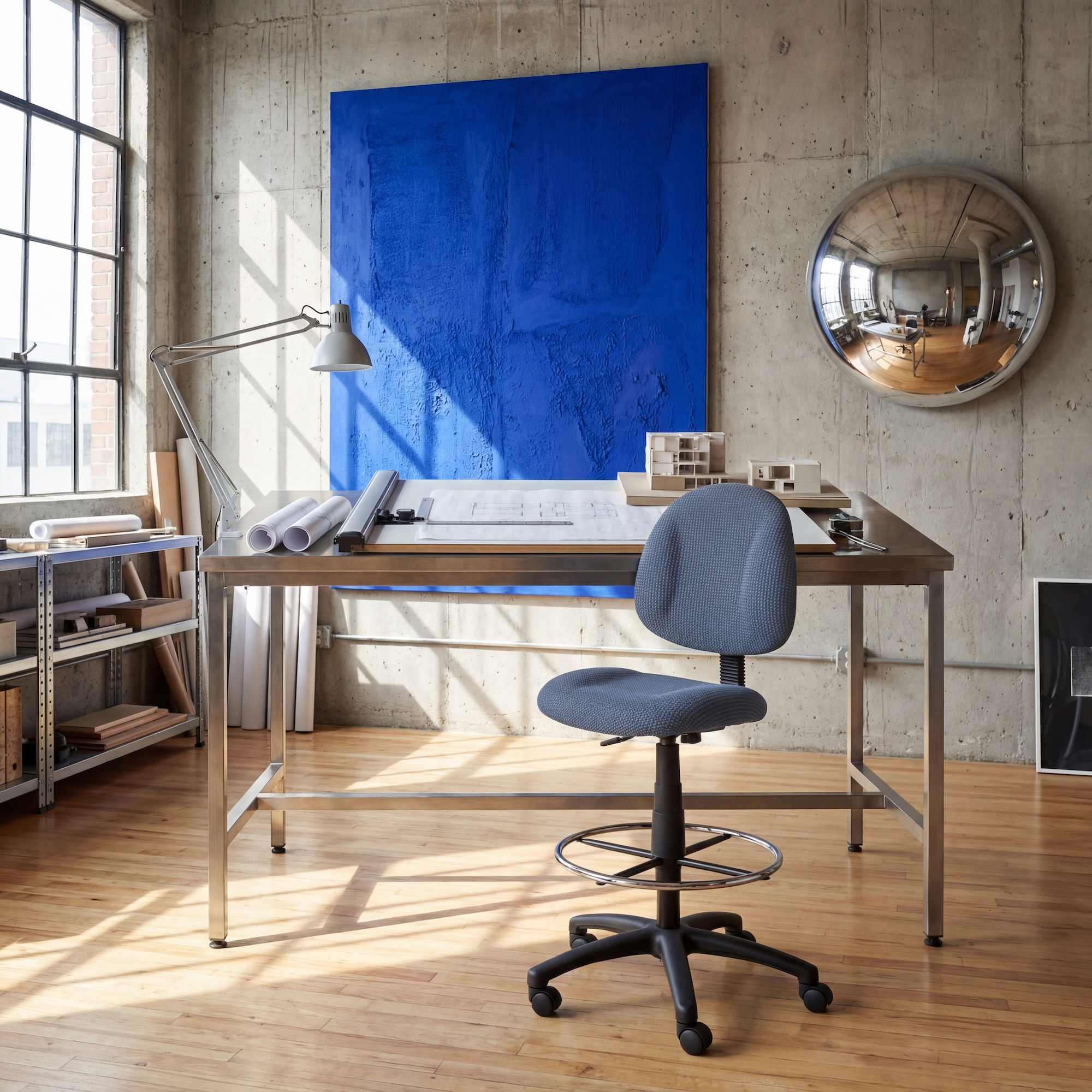 Boss Ergonomic Works Adjustable Drafting Chair without Arms, Blue - Image 9
