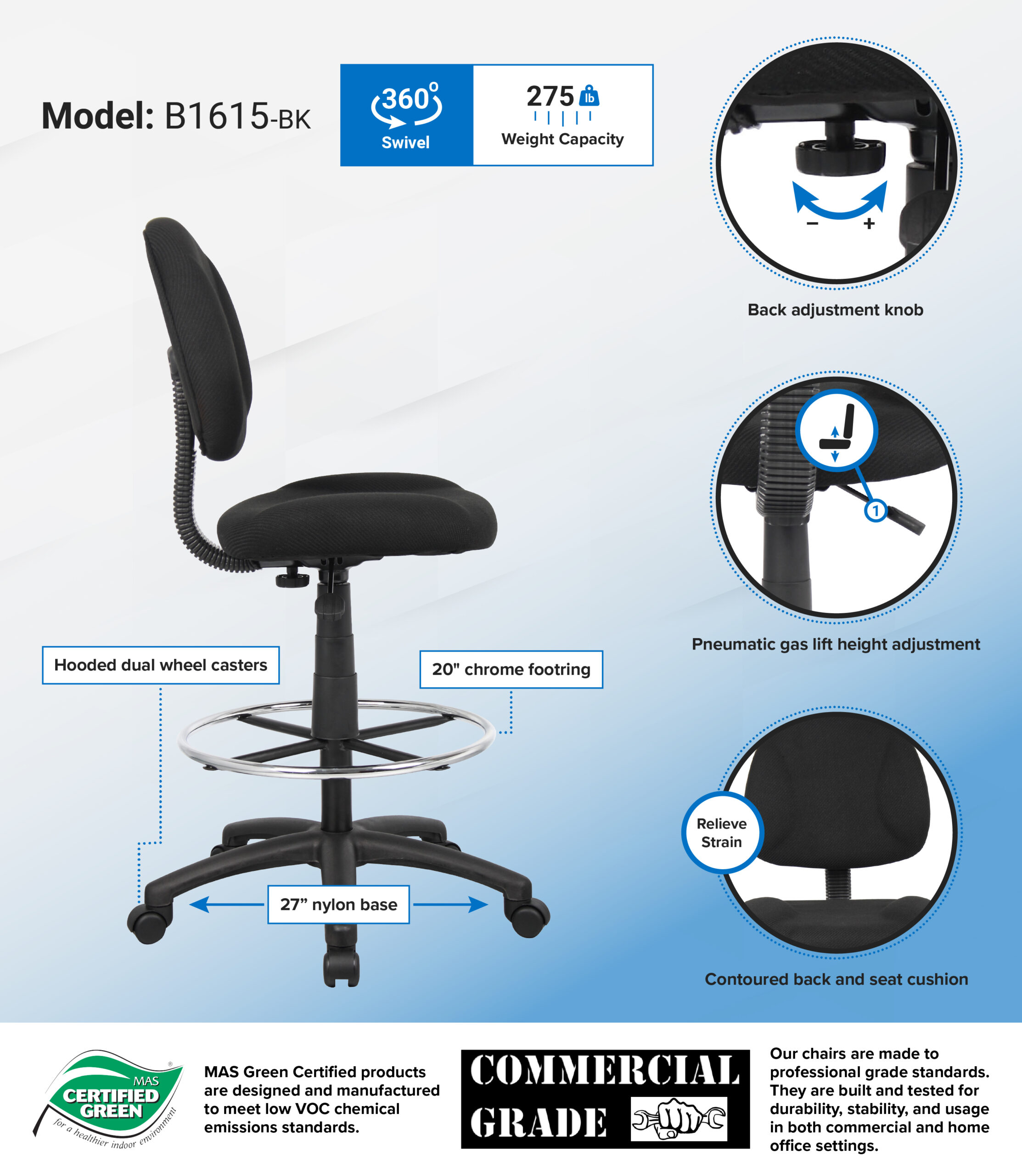 Boss Ergonomic Works Adjustable Drafting Chair without Arms, Black - Image 2