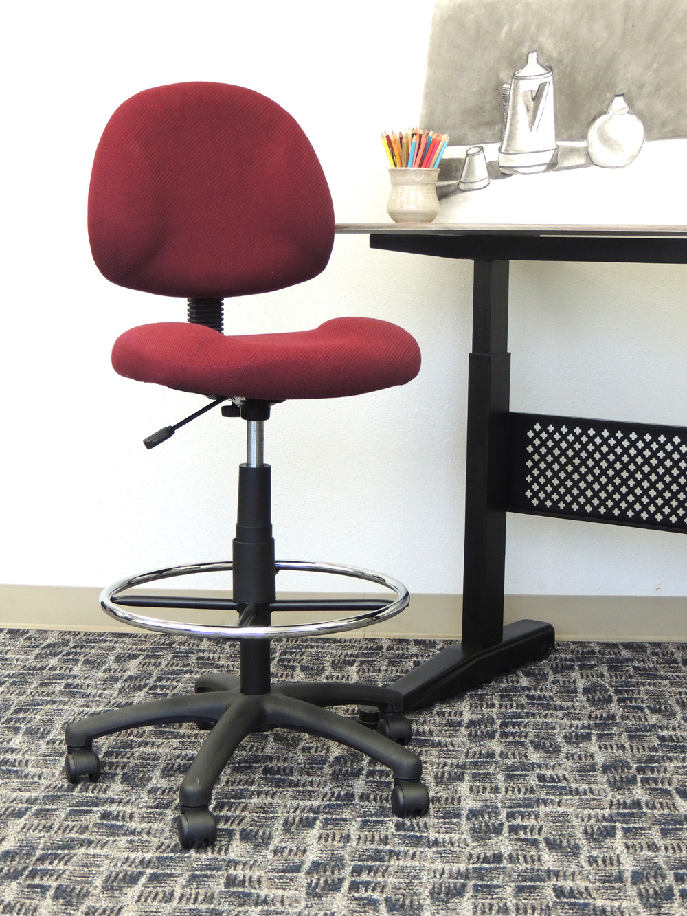 Boss Ergonomic Works Adjustable Drafting Chair without Arms, Burgundy - Image 3