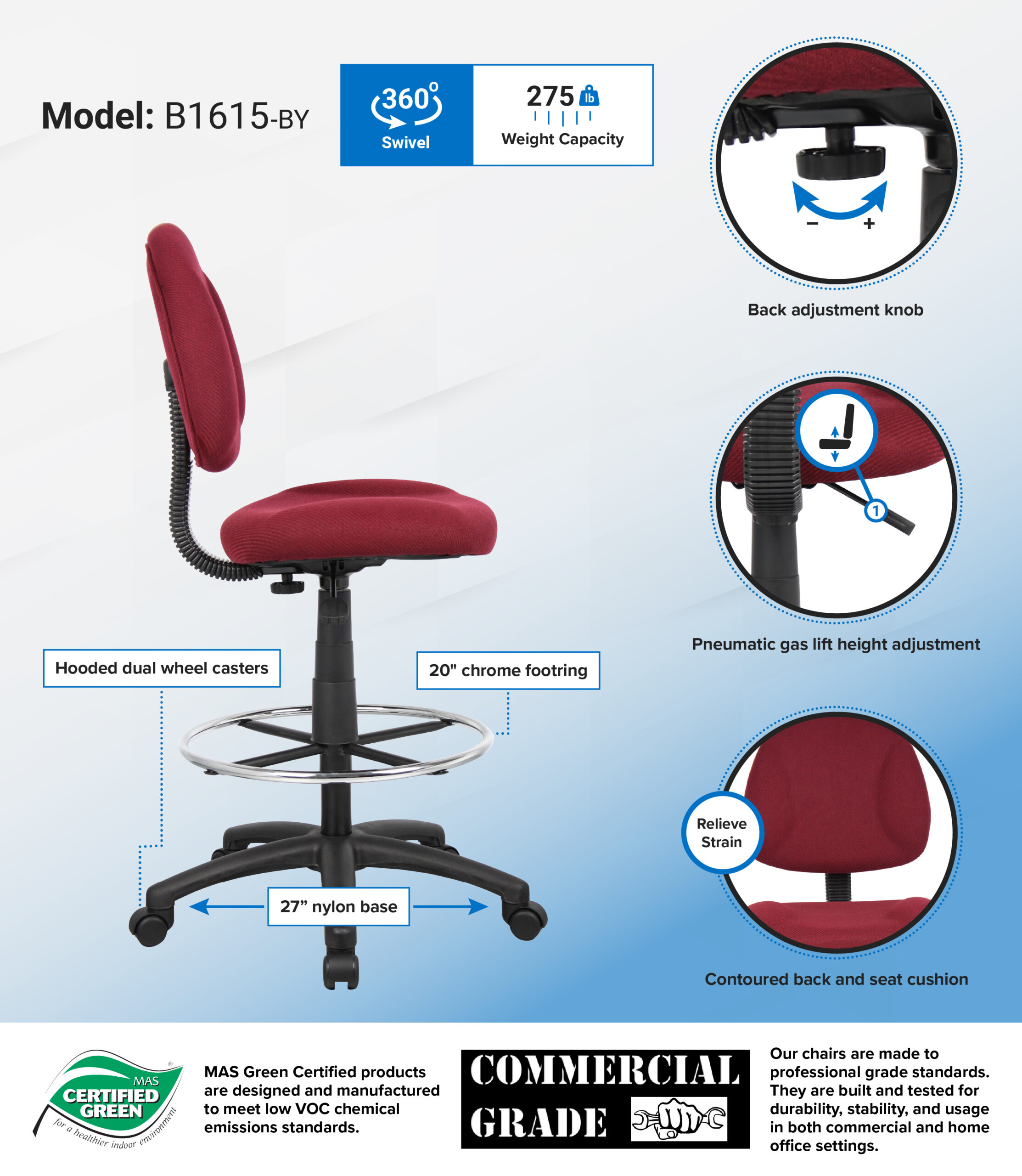 Boss Ergonomic Works Adjustable Drafting Chair without Arms, Burgundy - Image 2