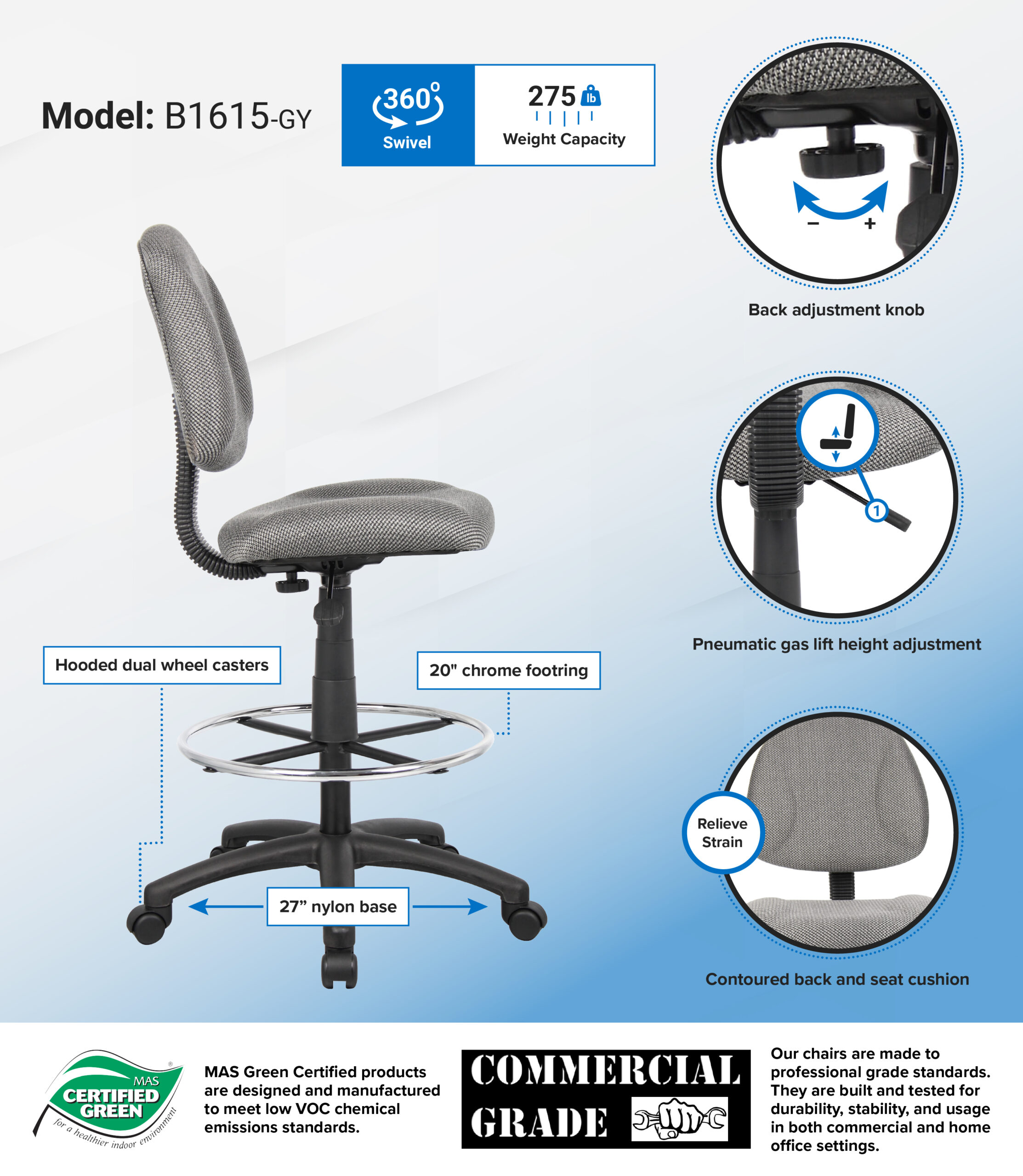 Boss Ergonomic Works Adjustable Drafting Chair without Arms, grey - Image 2