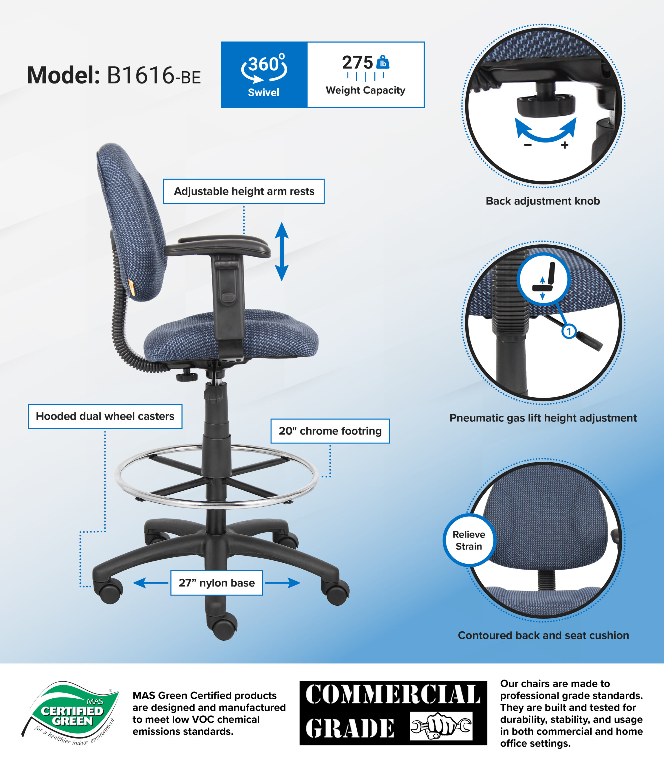 Boss Ergonomic Works Adjustable Drafting Chair with Adjustable Arms and Removable Foot Rest, Blue - Image 2