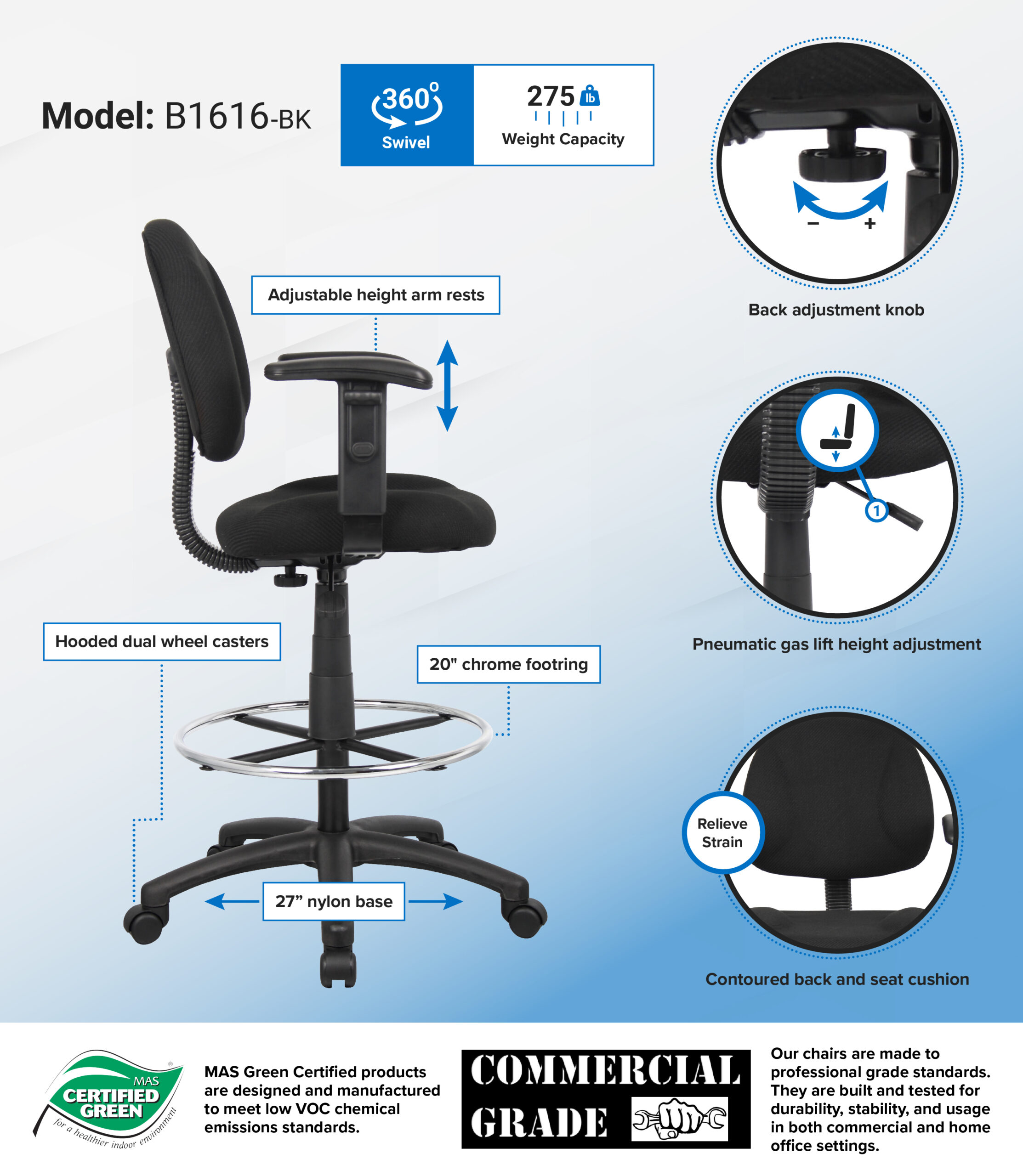 Boss Ergonomic Works Adjustable Drafting Chair with Adjustable Arms and Removable Foot Rest, Black - Image 2