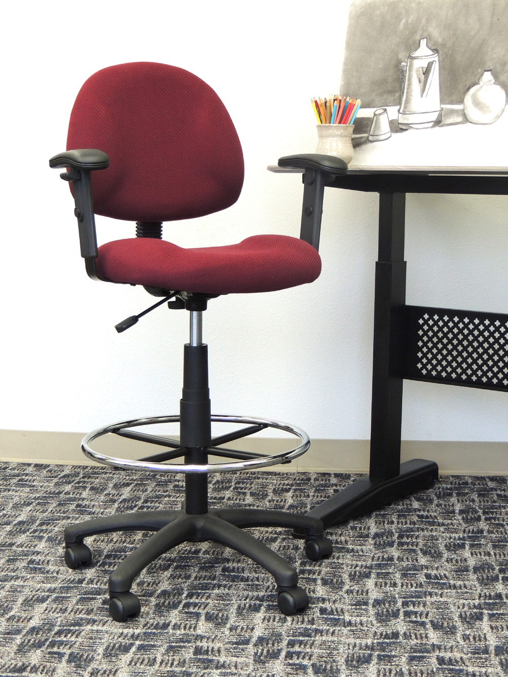 Boss Ergonomic Works Adjustable Drafting Chair with Adjustable Arms and Removable Foot Rest, Burgundy - Image 3