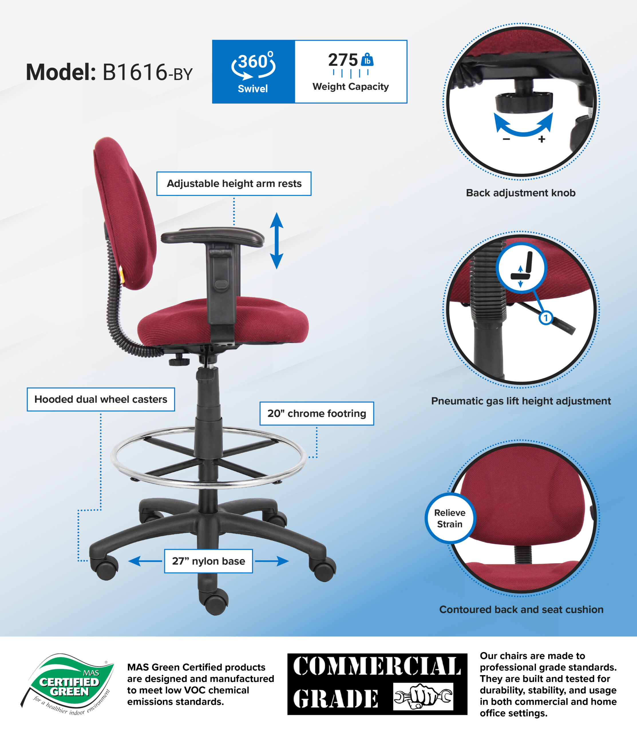 Boss Ergonomic Works Adjustable Drafting Chair with Adjustable Arms and Removable Foot Rest, Burgundy - Image 2