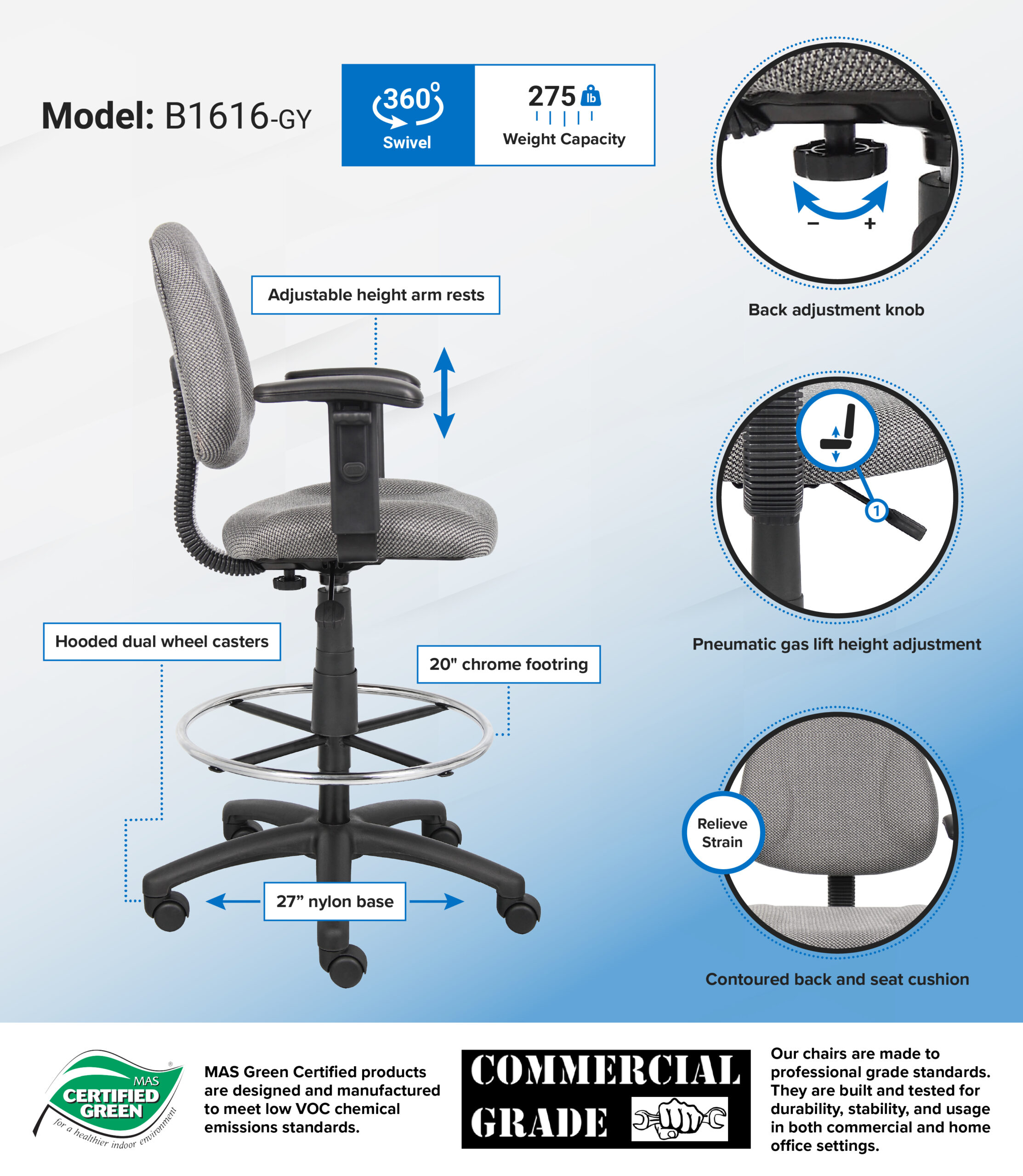 Boss Ergonomic Works Adjustable Drafting Chair with Adjustable Arms and Removable Foot Rest, grey - Image 2