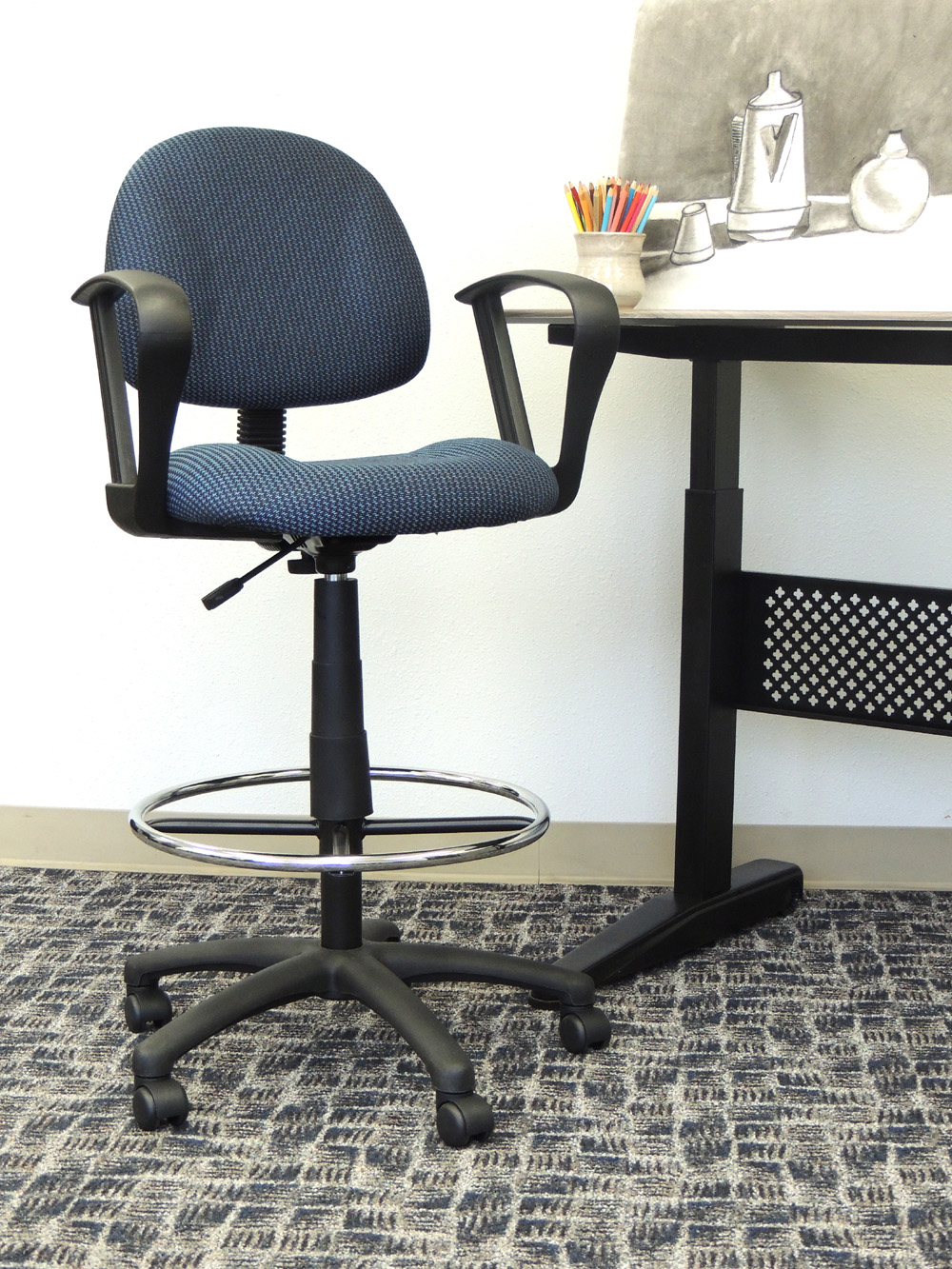 Boss Ergonomic Works Adjustable Drafting Chair with Loop Arms and Removable Foot Rest, Blue - Image 3