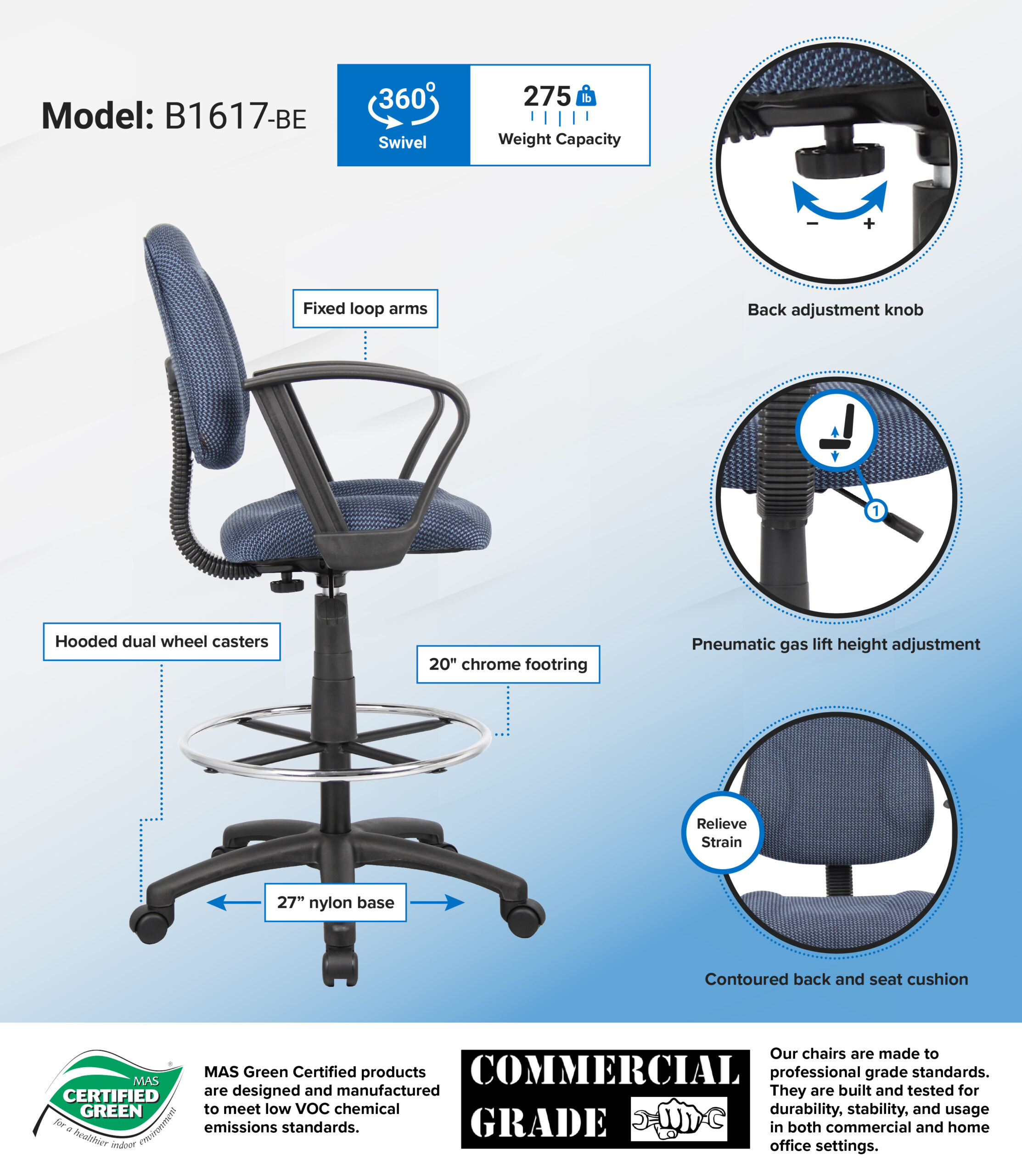 Boss Ergonomic Works Adjustable Drafting Chair with Loop Arms and Removable Foot Rest, Blue - Image 2
