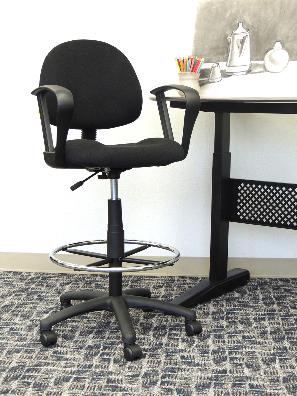Boss Ergonomic Works Adjustable Drafting Chair with Loop Arms and Removable Foot Rest, Black - Image 7