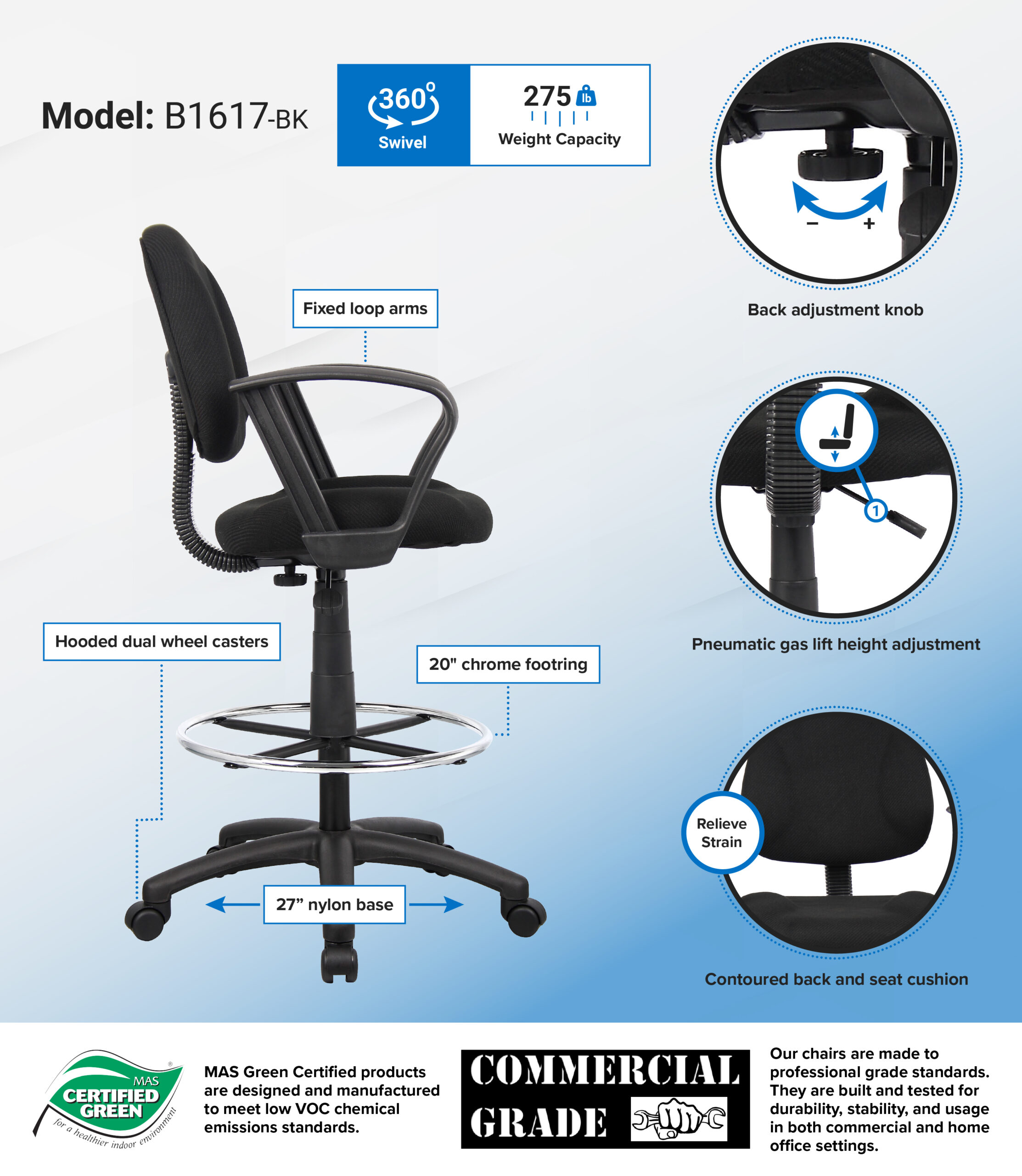 Boss Ergonomic Works Adjustable Drafting Chair with Loop Arms and Removable Foot Rest, Black - Image 2