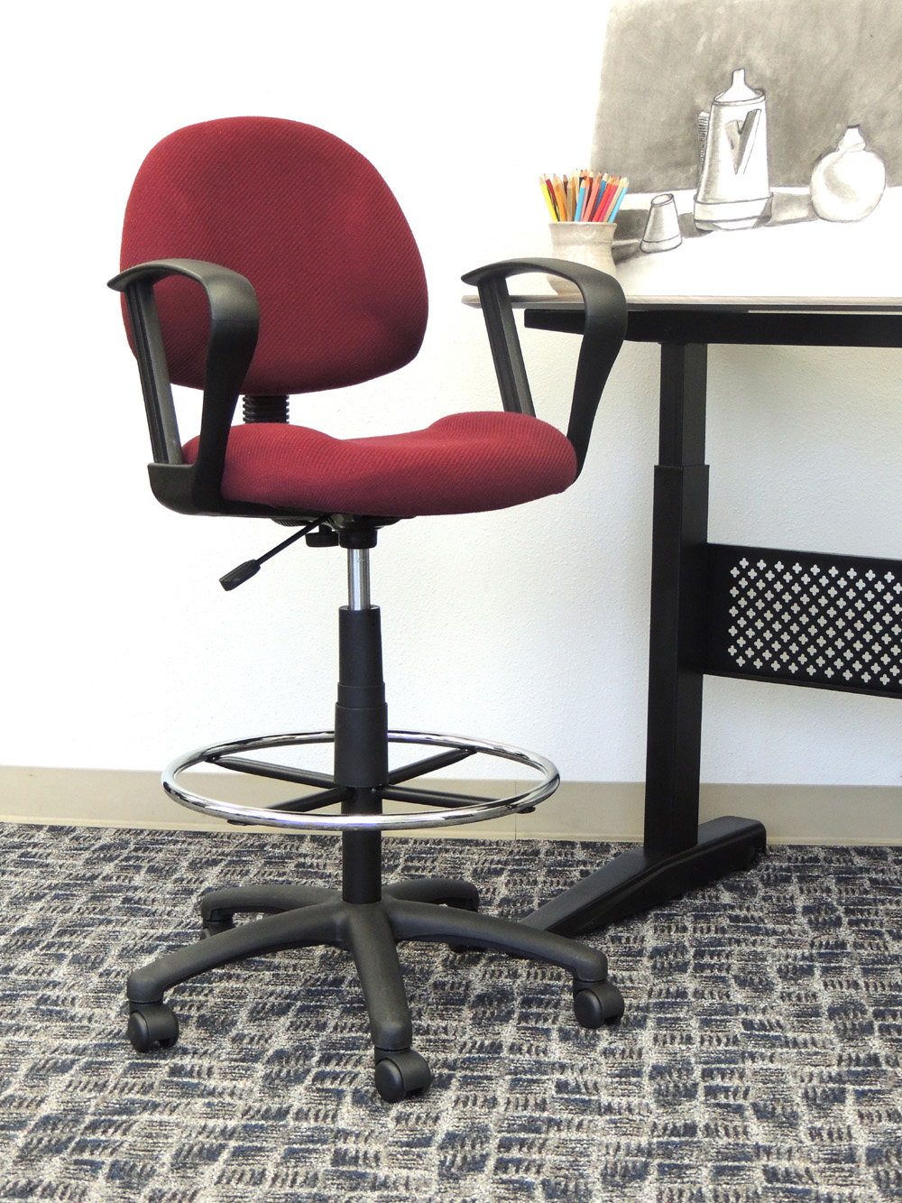 Boss Ergonomic Works Adjustable Drafting Chair with Loop Arms and Removable Foot Rest, Burgundy - Image 3
