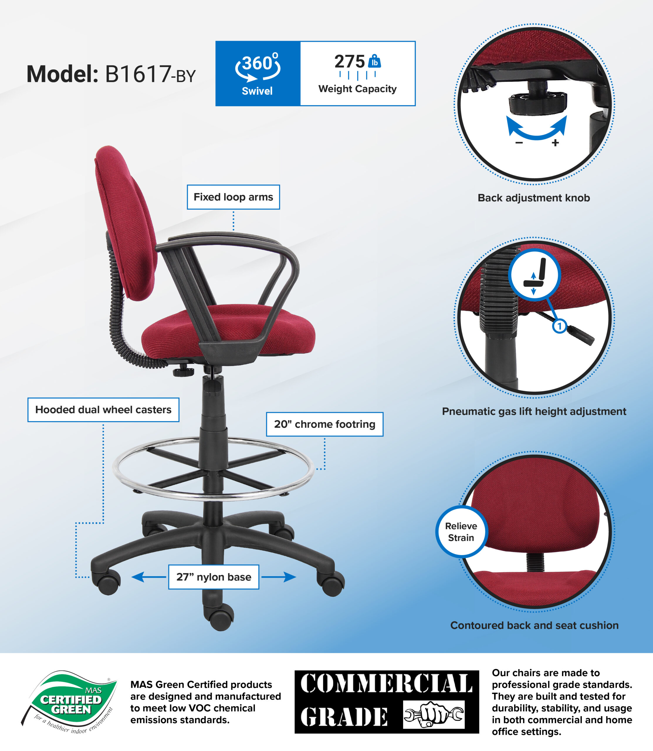 Boss Ergonomic Works Adjustable Drafting Chair with Loop Arms and Removable Foot Rest, Burgundy - Image 2
