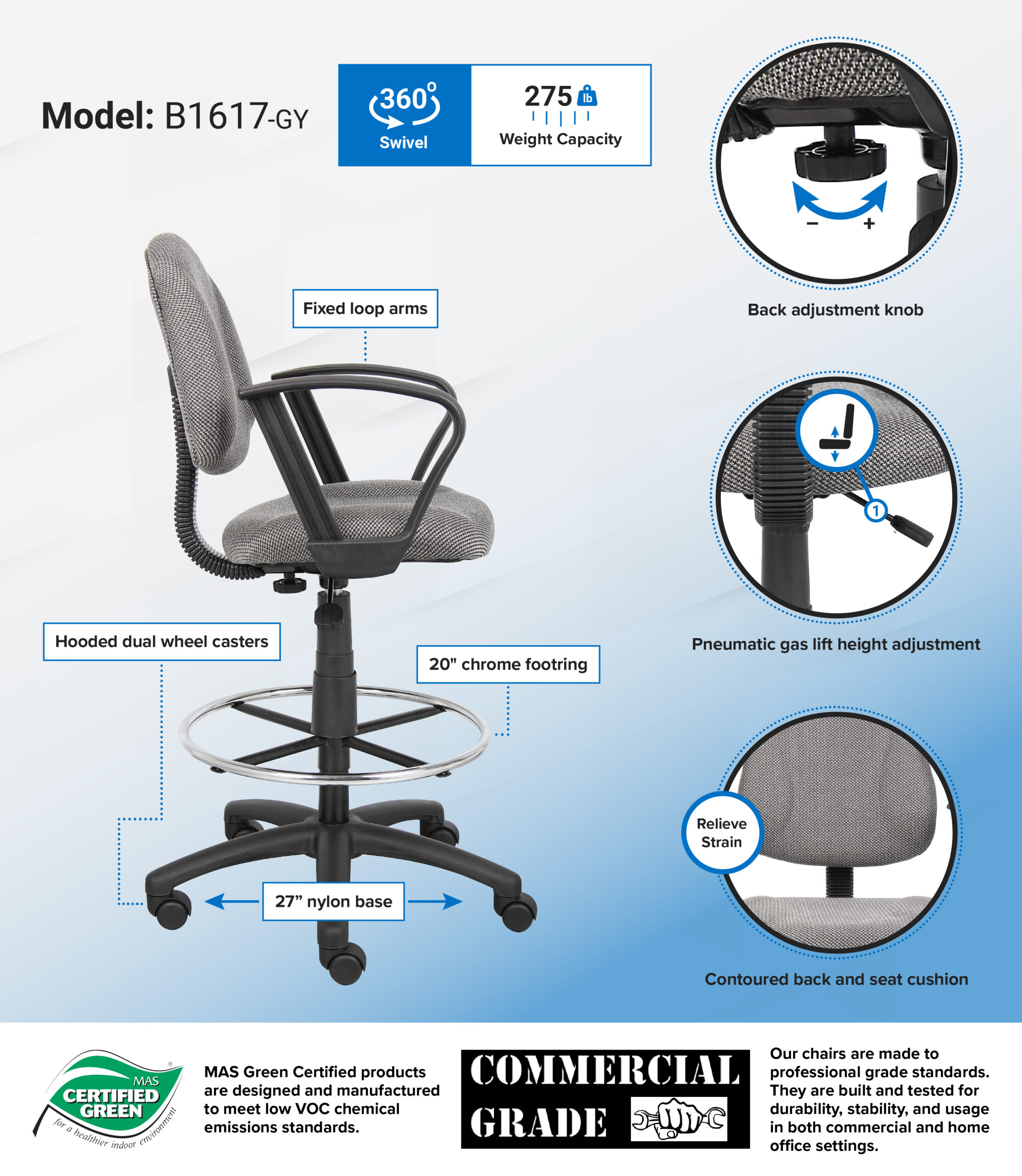 Boss Ergonomic Works Adjustable Drafting Chair with Loop Arms and Removable Foot Rest, grey - Image 2