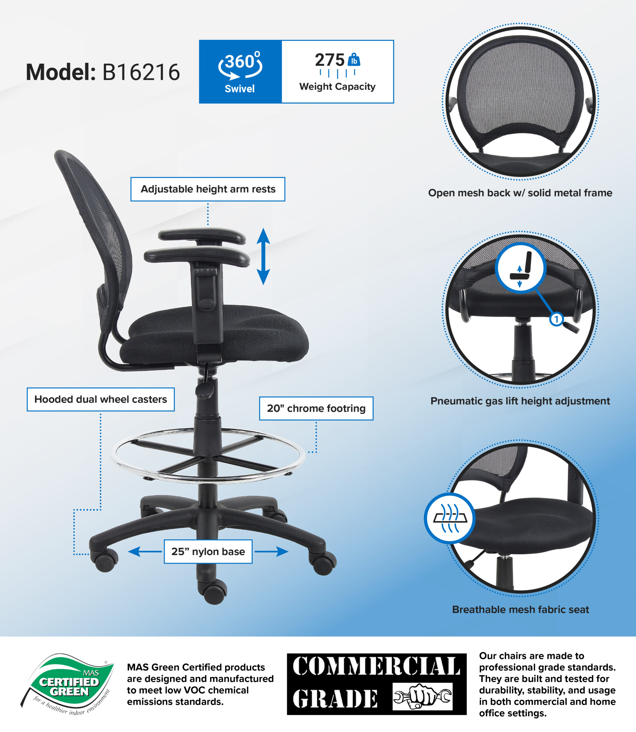 Boss Mesh Drafting Stool W/ Adjustable Arms - Image 2