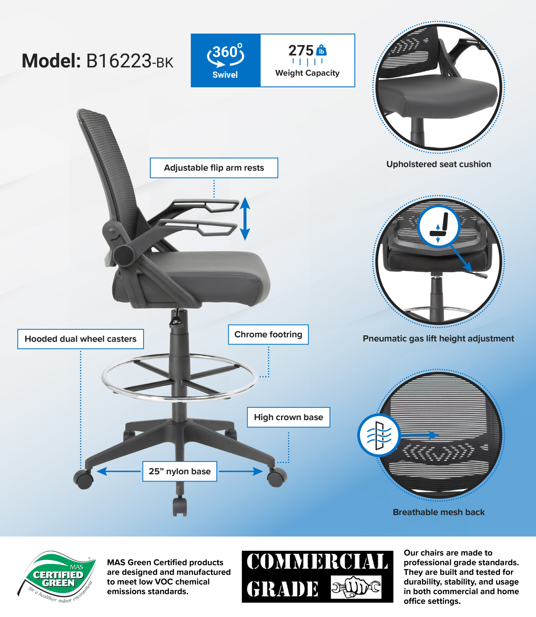 Boss Office NTR AM Vinyl Flip Arm Mesh Drafting Stool, Black - Image 2