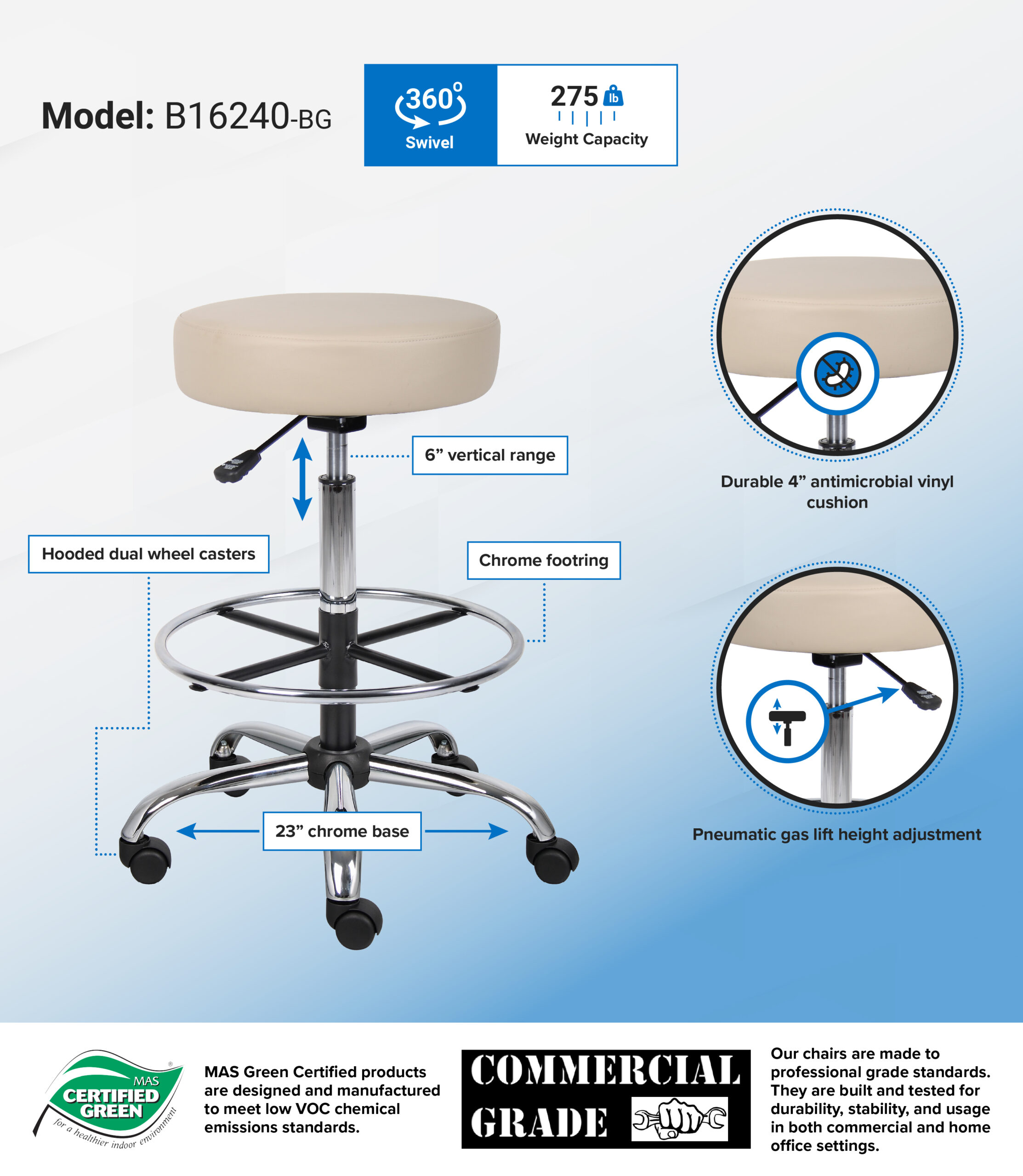 Boss Office AM Vinyl Medical/Drafting Stool, Beige - Image 2