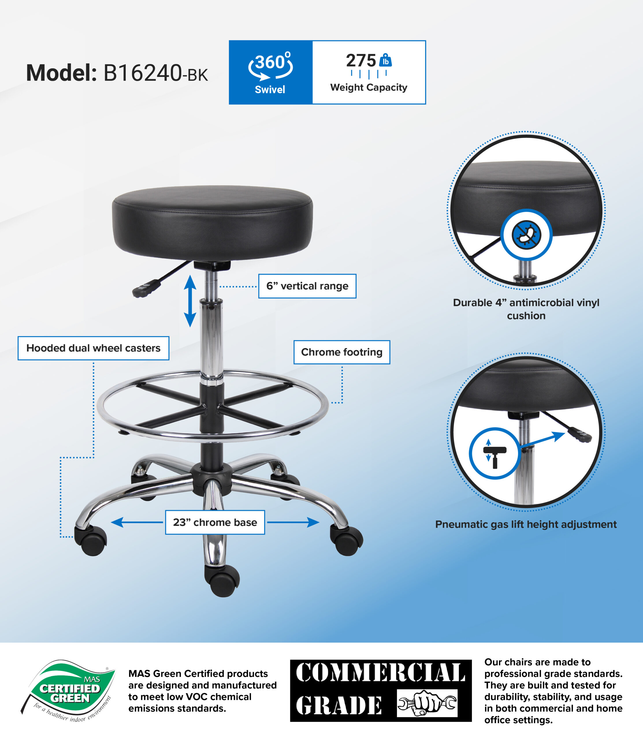 Boss Office AM Vinyl Medical/Drafting Stool, Black - Image 2