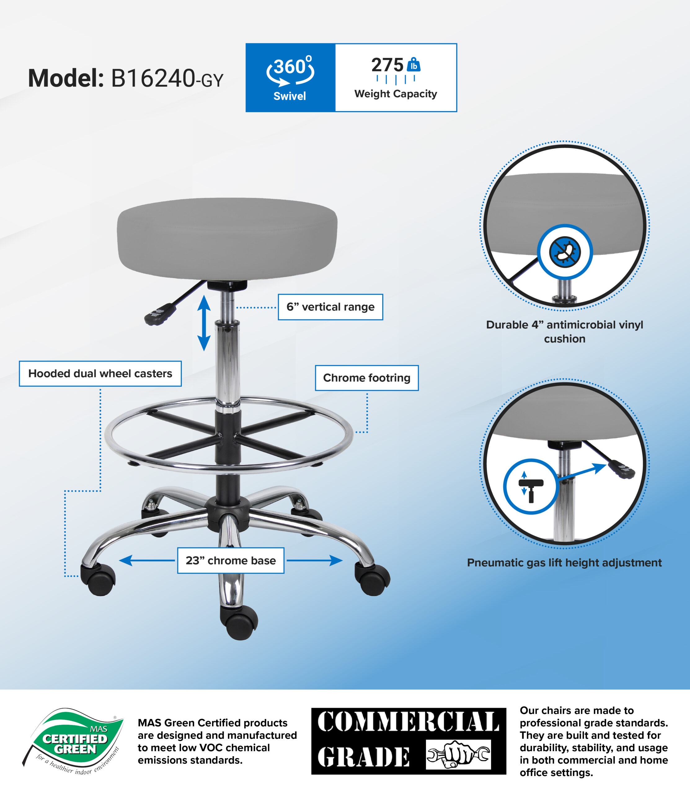 Boss Office AM Vinyl Medical/Drafting Stool, Grey - Image 2