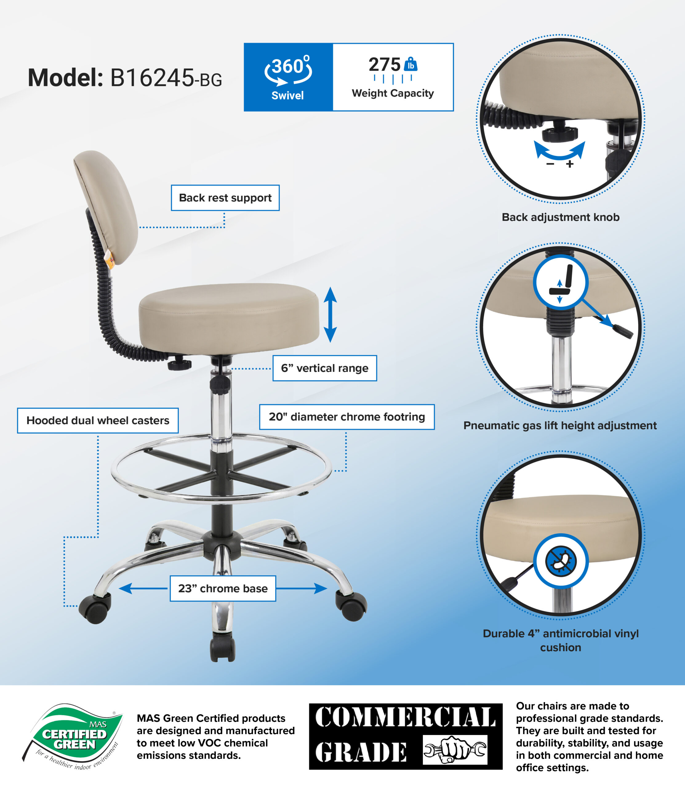 Boss Office AM Vinyl Medical/Drafting Stool with Back, Beige - Image 2