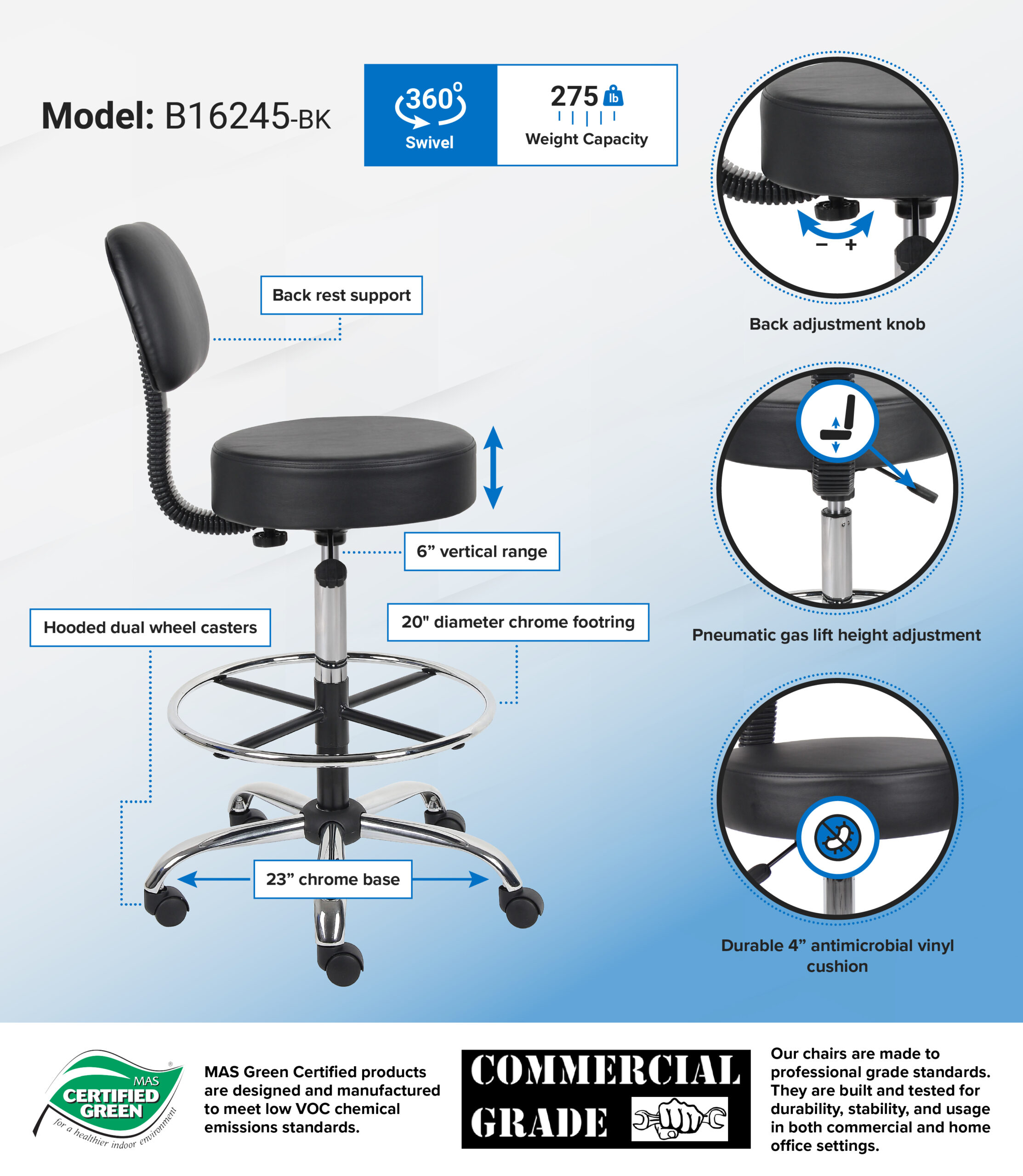 Boss Office AM Vinyl Medical/Drafting Stool with Back, Black - Image 2