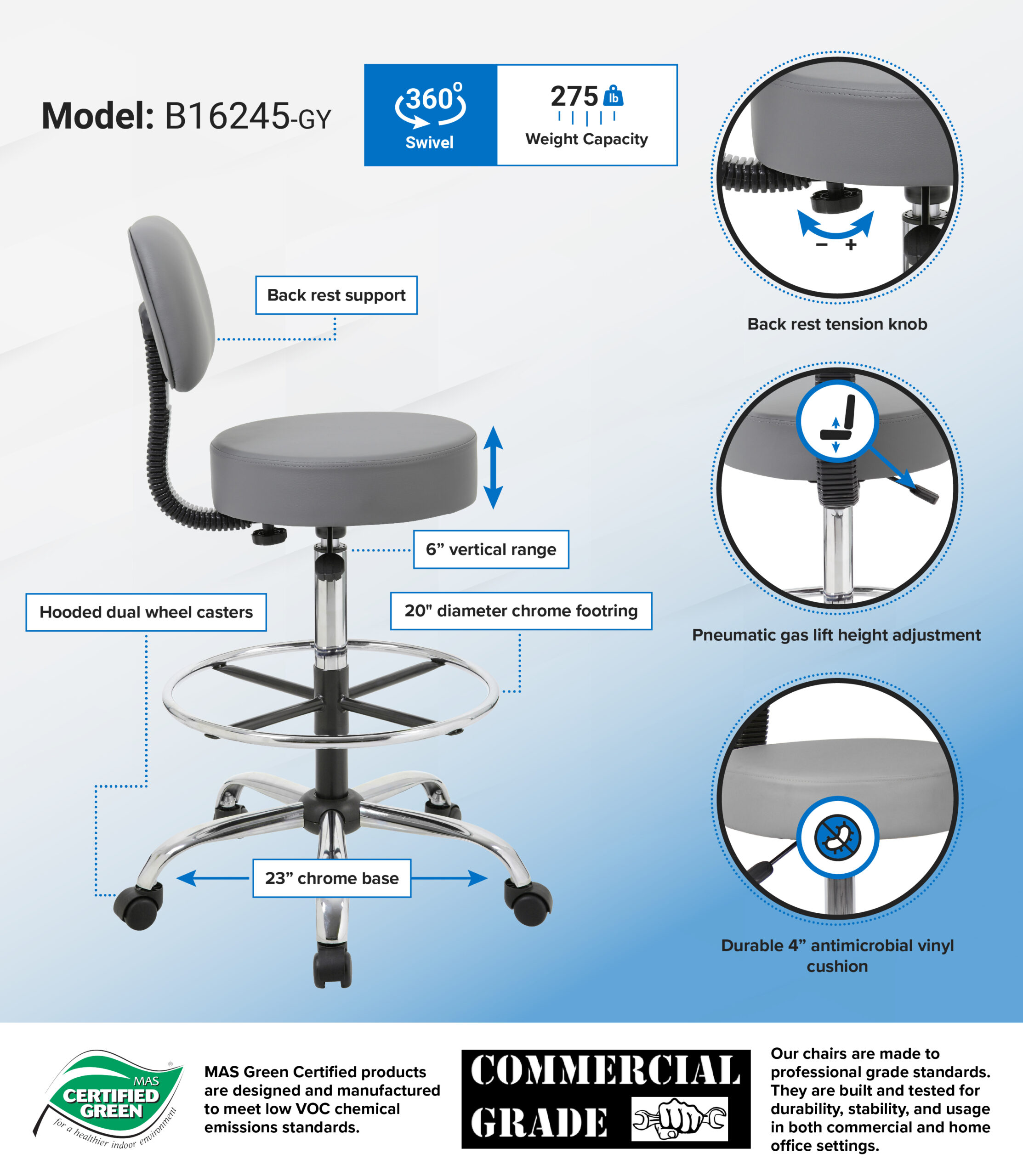 Boss Office AM Vinyl Medical/Drafting Stool with Back, Grey - Image 2