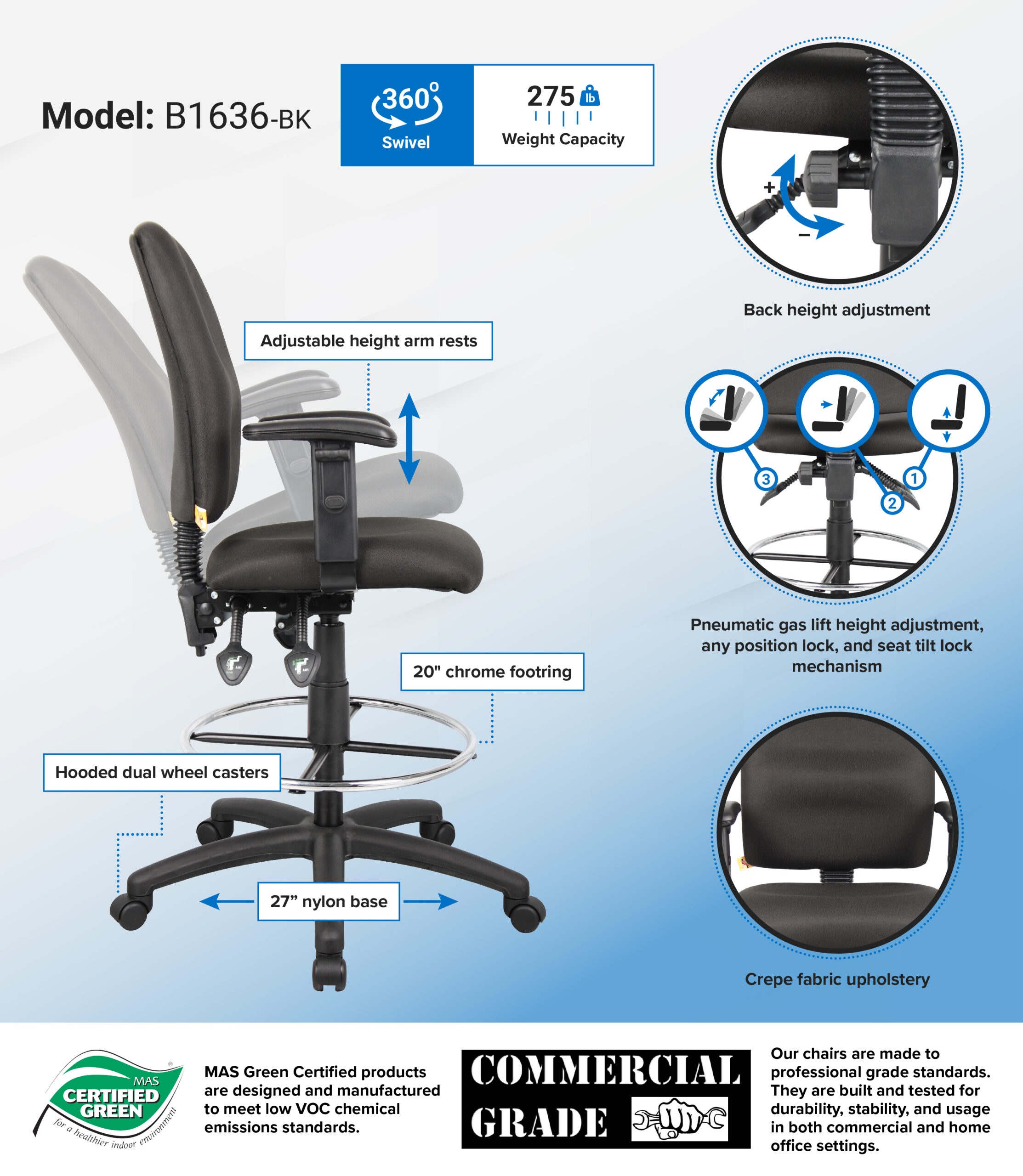 Boss Multi-Function Fabric Drafting Stool W/ Adjustable Arms - Image 2