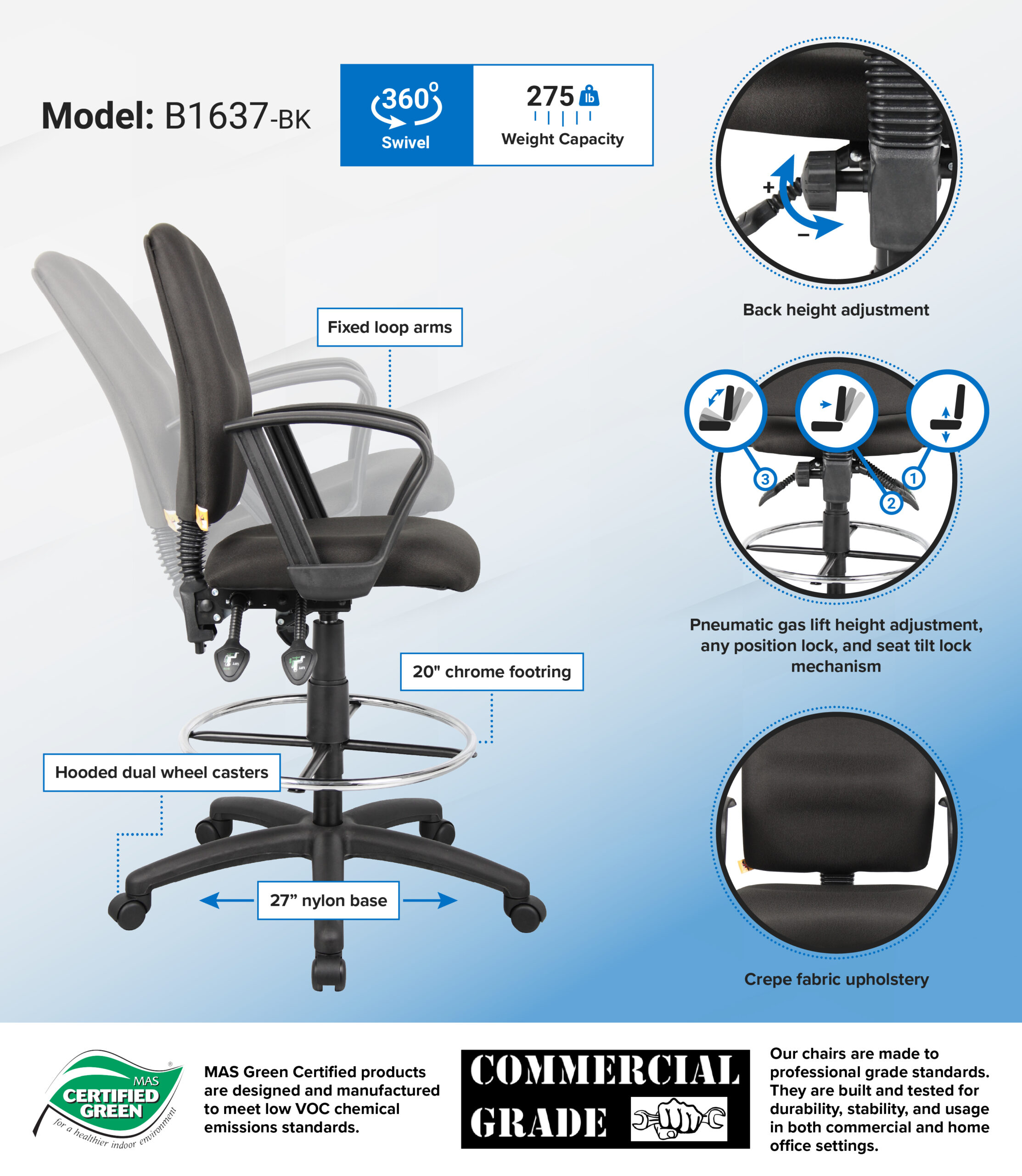 Boss Multi-Function Fabric Drafting Stool W/ Loop Arms - Image 2