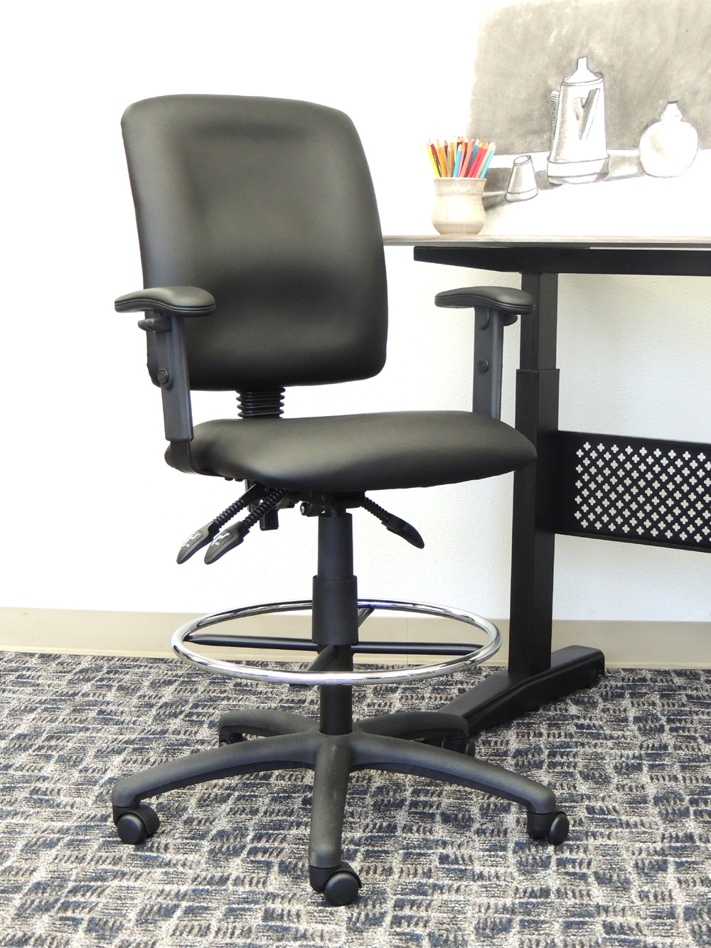 Boss Multi-Function LeatherPlus Drafting Stool W/ Adjustable Arms - Image 3