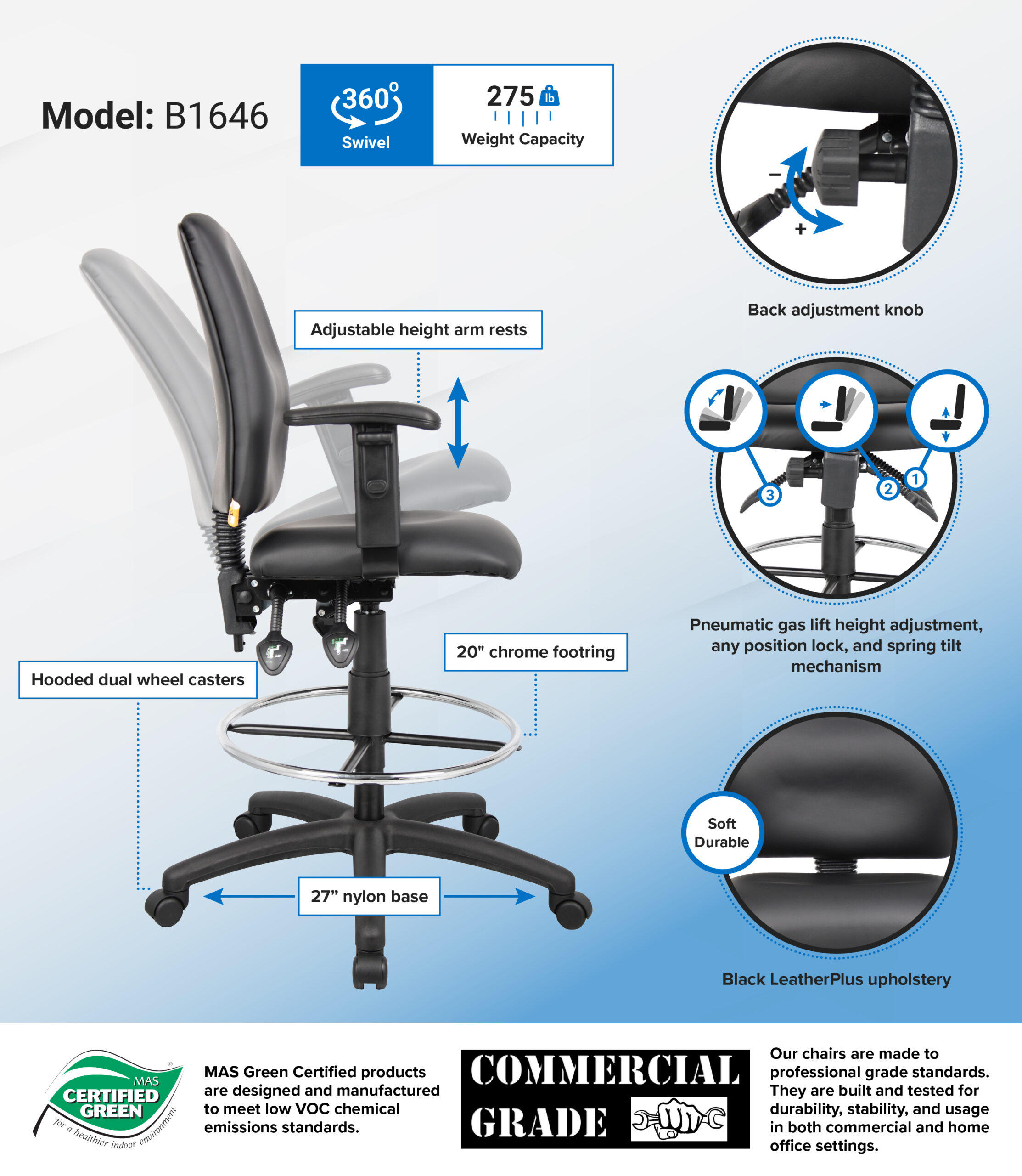 Boss Multi-Function LeatherPlus Drafting Stool W/ Adjustable Arms - Image 2