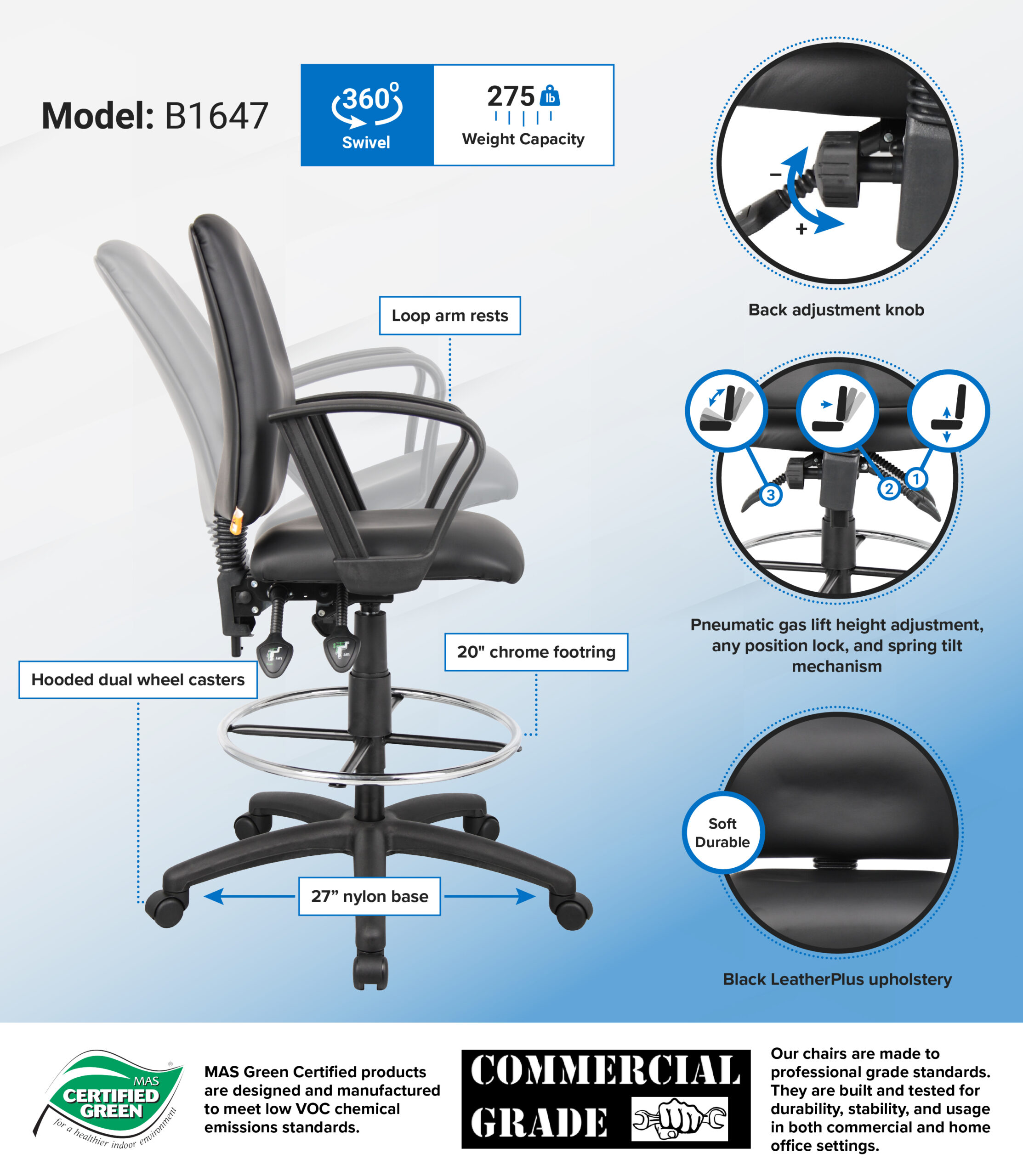Boss Multi-Function LeatherPlus Drafting Stool W/ Loop Arms - Image 2