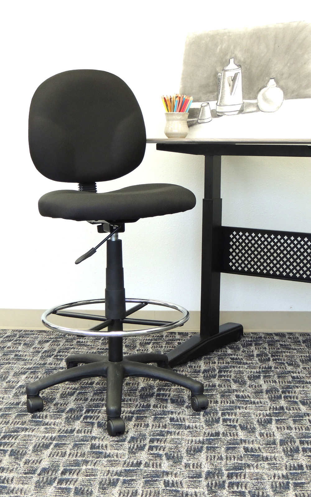 Boss Stand Up Fabric Drafting Stool with Foot Rest, Black - Image 3