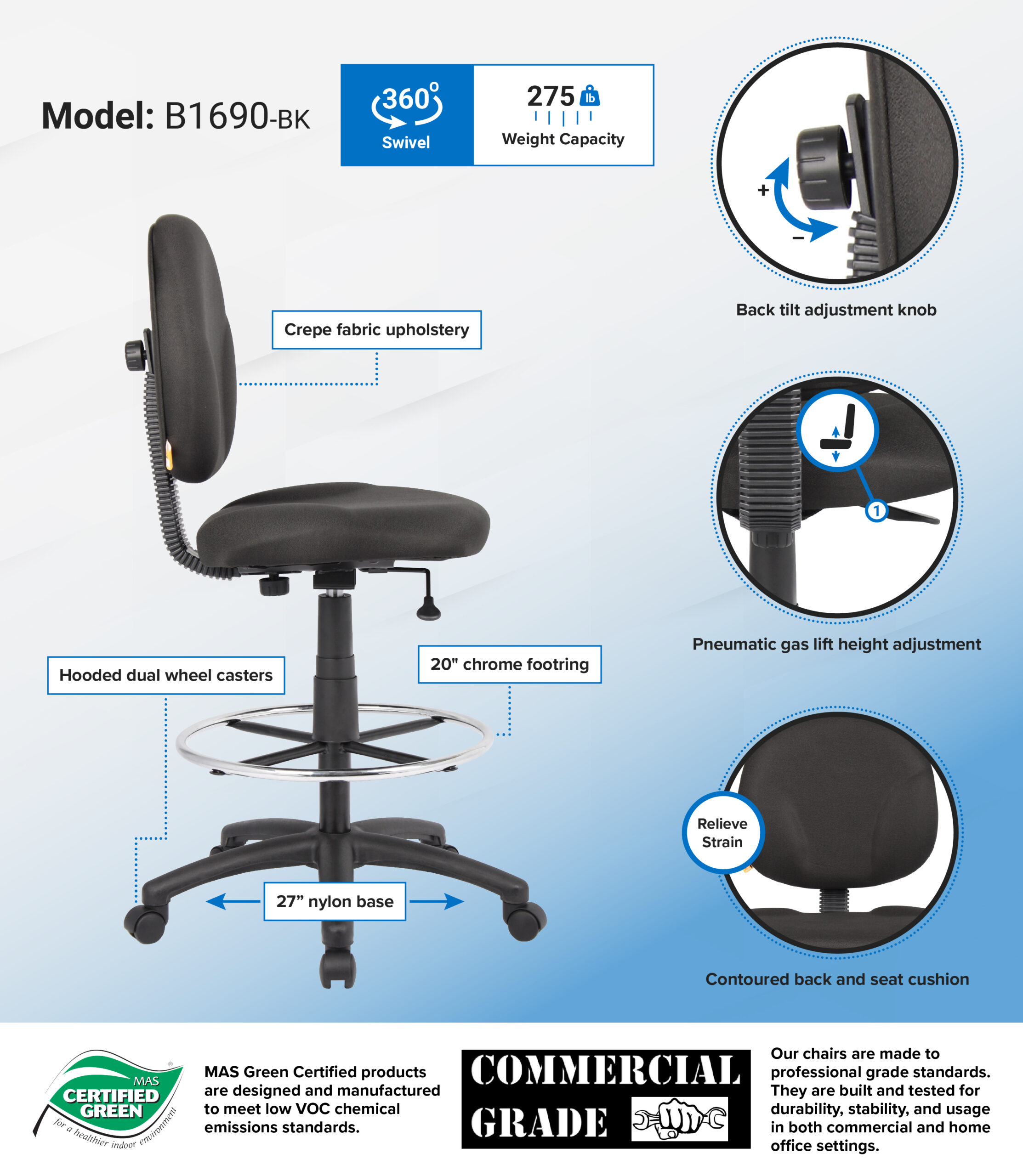 Boss Stand Up Fabric Drafting Stool with Foot Rest, Black - Image 2