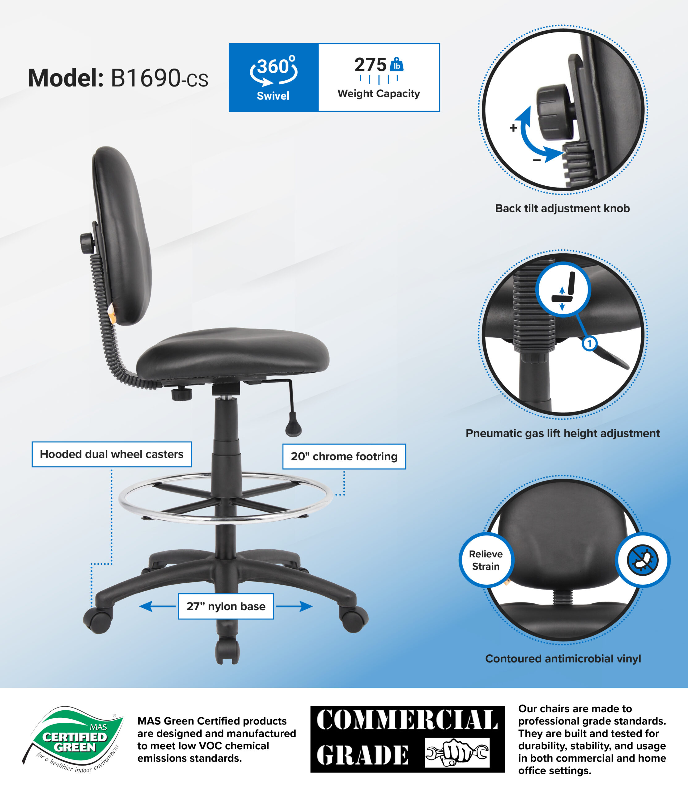 Boss Office AM Vinyl Stand Up Drafting Stool with Foot Rest, Black - Image 2