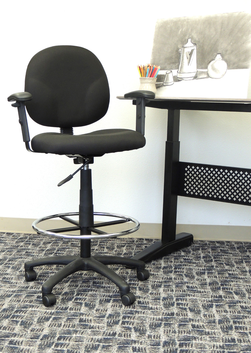 Boss Stand Up Fabric Drafting Stool with Foot Rest, Black - Image 3