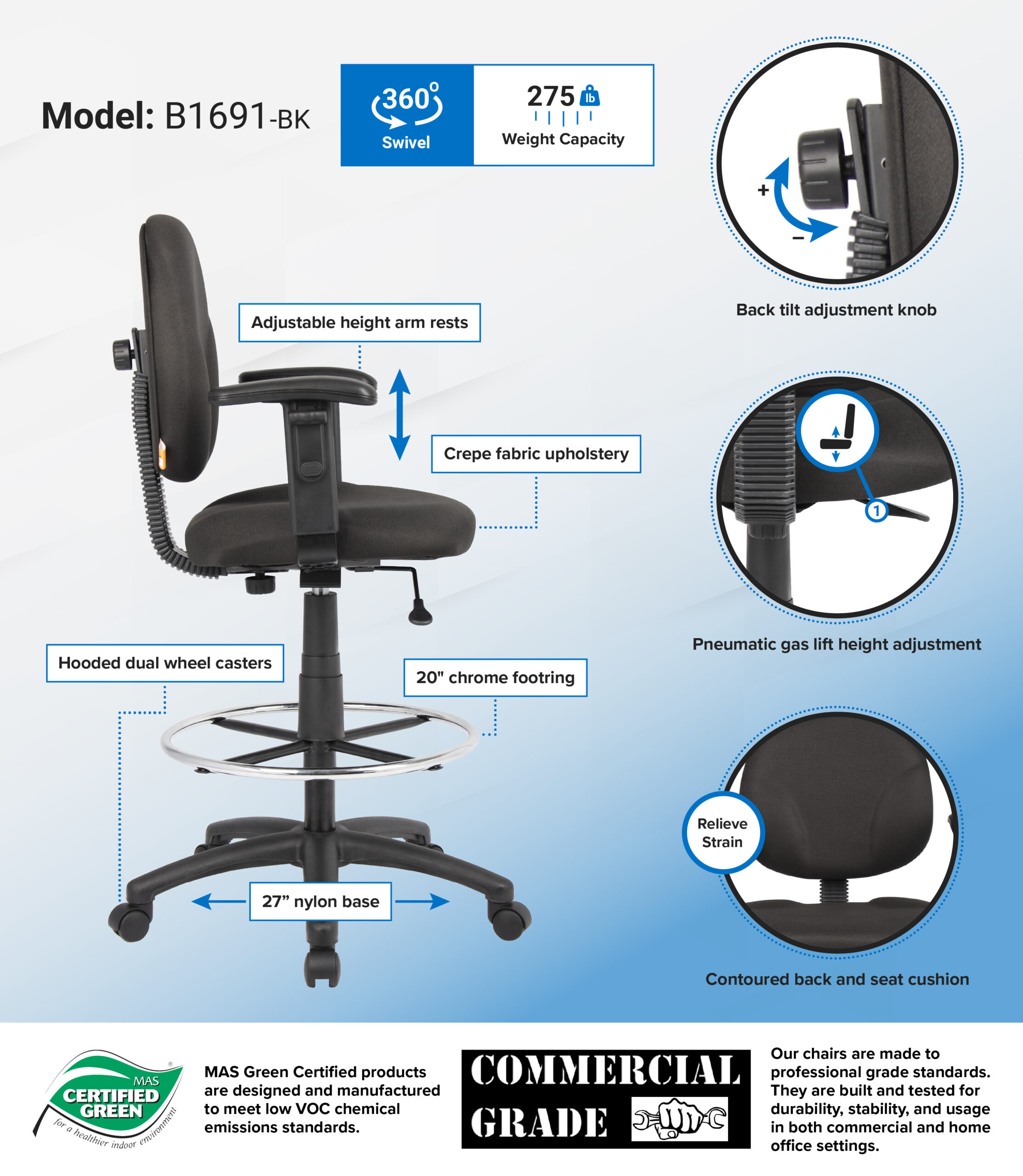 Boss Stand Up Fabric Drafting Stool with Foot Rest, Black - Image 2