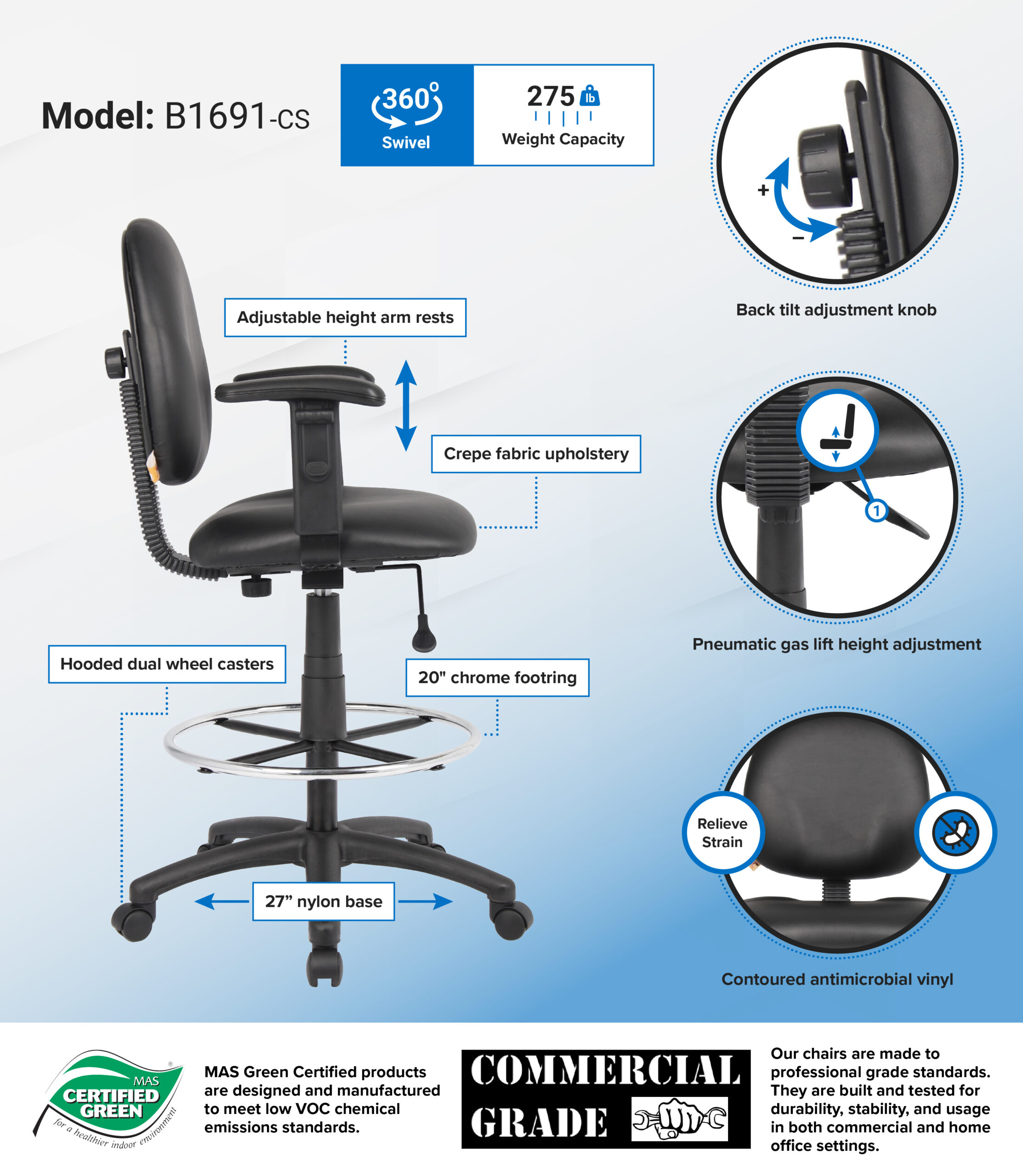 Boss Office AM Vinyl Stand Up Drafting Stool with Foot Rest, Black - Image 2