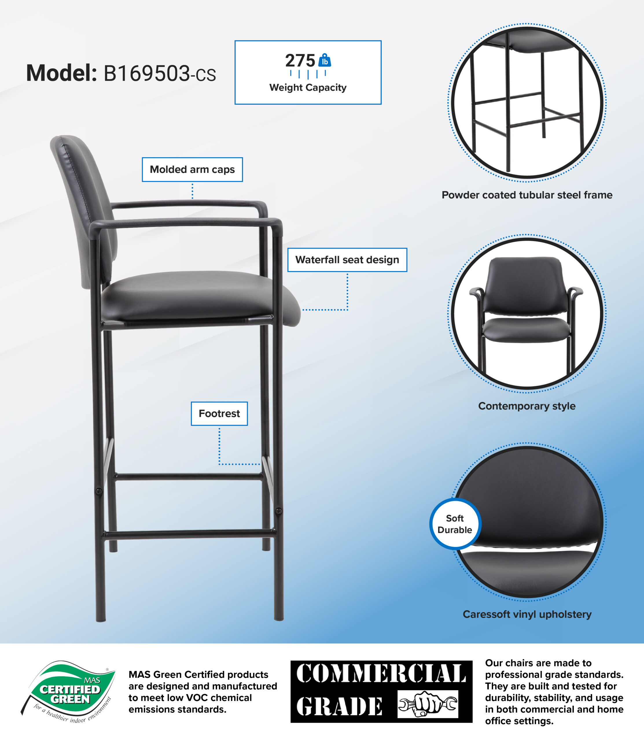 Boss Contemporary Cafe Height Stool In Black Caressoft Vinyl - Image 2