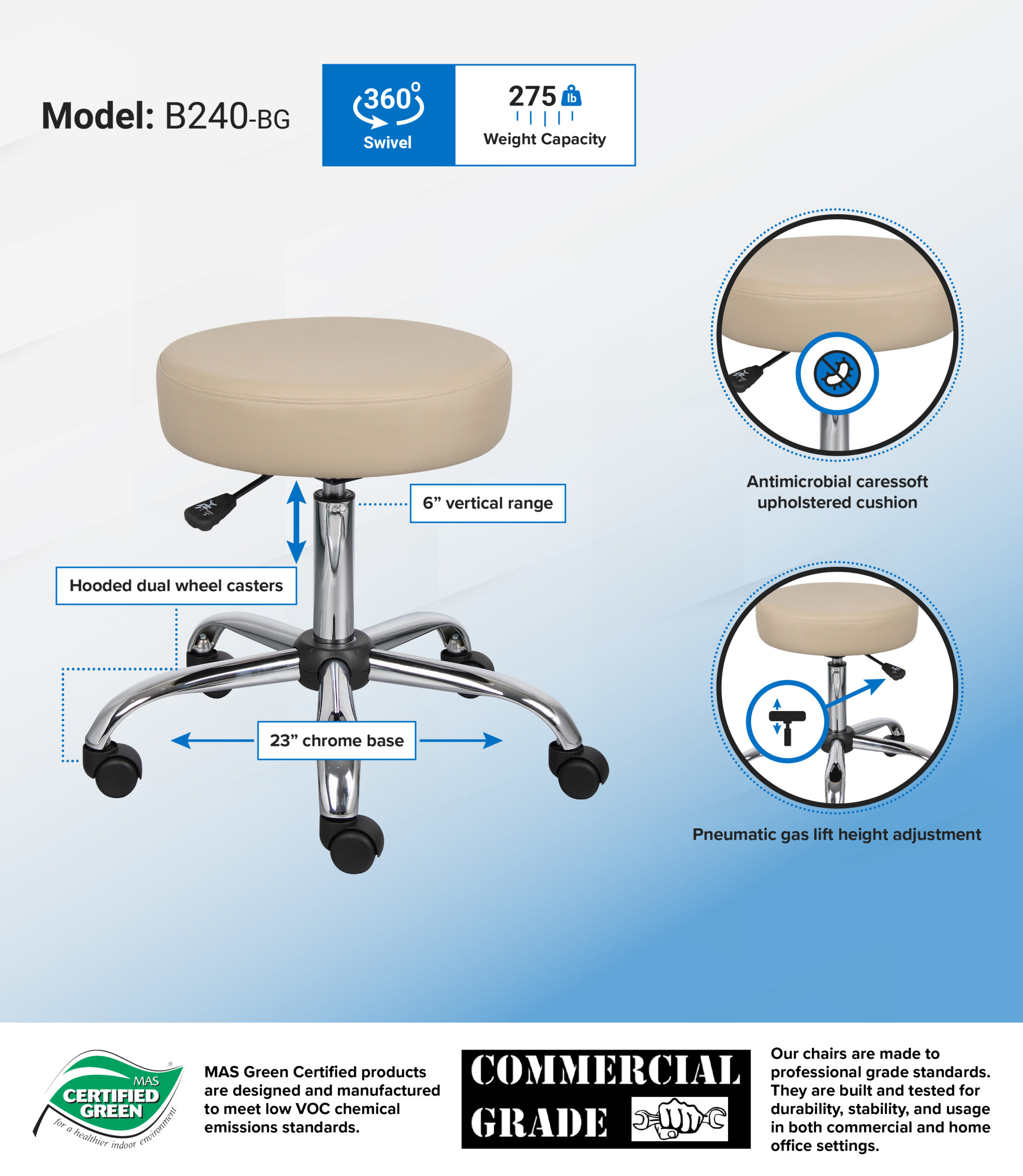 Boss Office AM Vinyl Be Well Medical Spa Professional Adjustable Stool, Beige - Image 3
