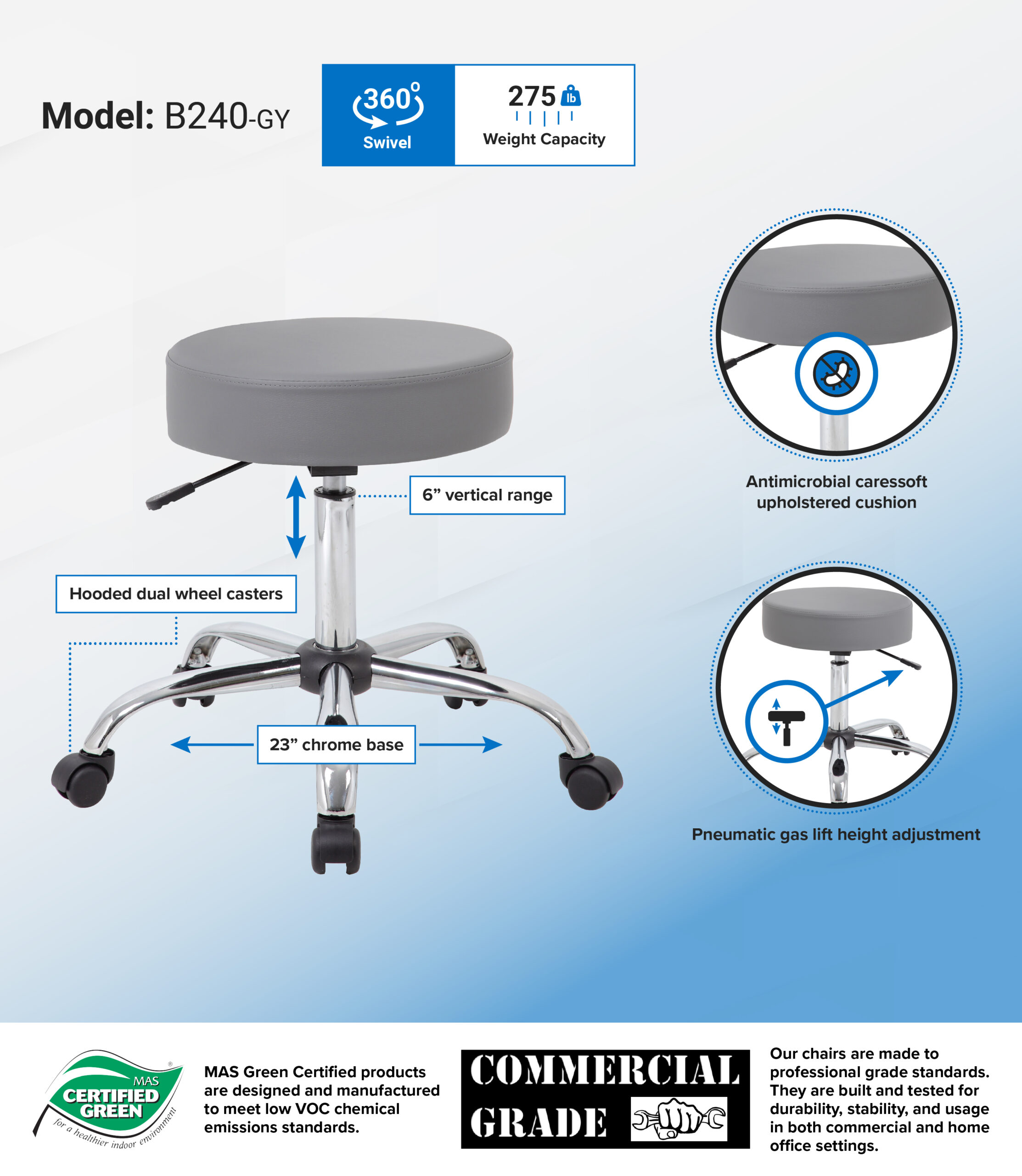 Boss Office AM Vinyl Be Well Medical Spa Professional Adjustable Stool, Grey - Image 3
