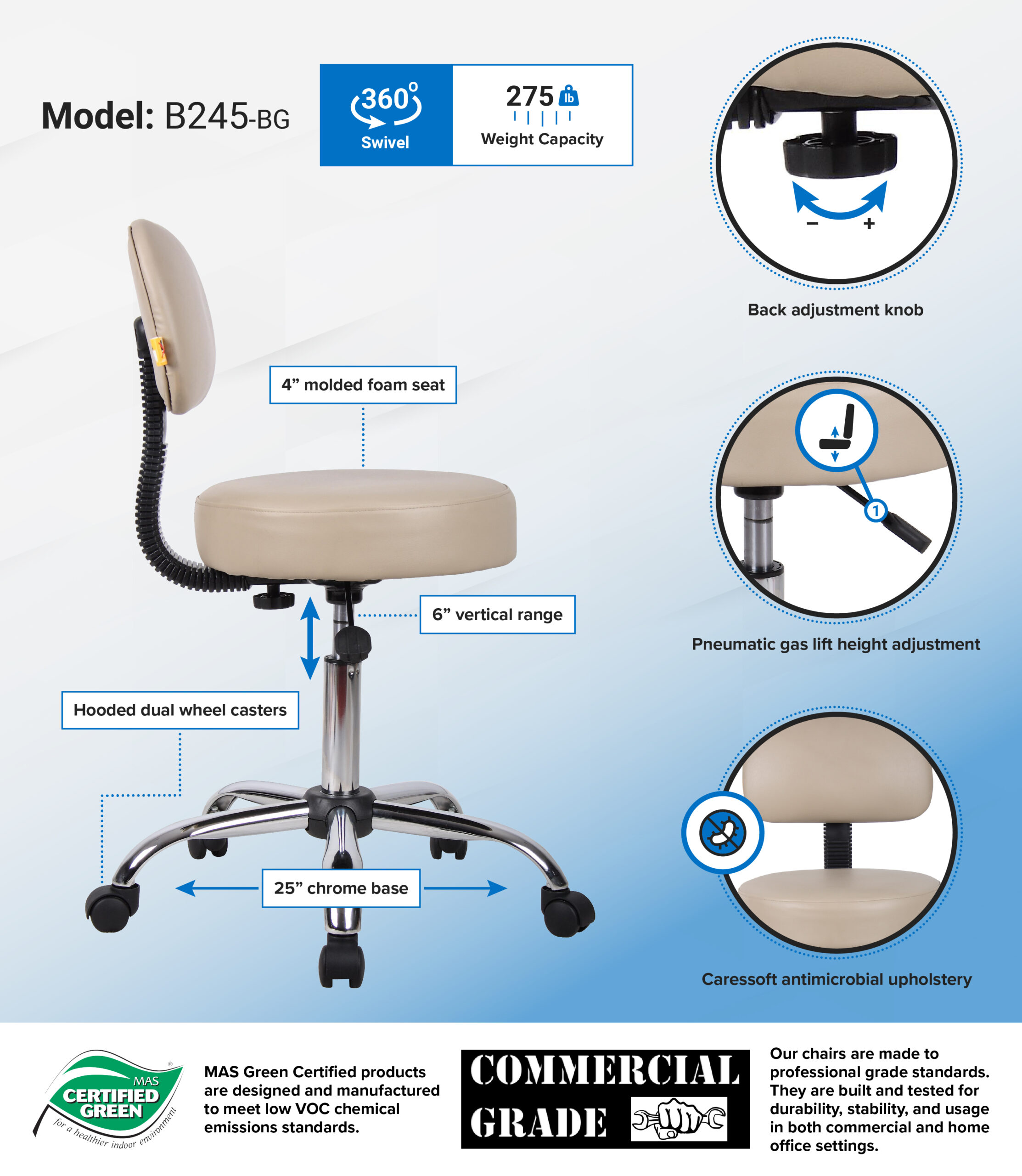 Boss Office AM Vinyl Be Well Medical Spa Professional Adjustable Stool with Back, Beige - Image 4