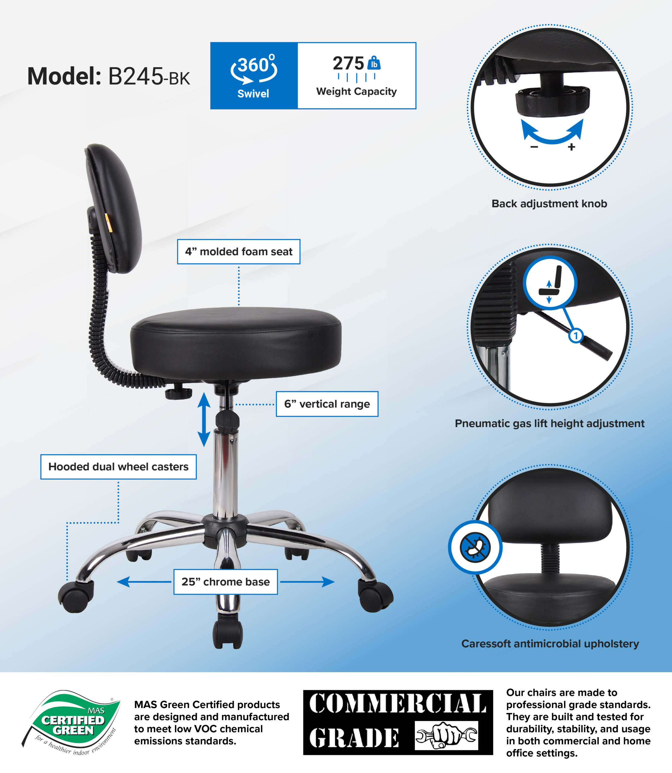 Boss Office AM Vinyl Be Well Medical Spa Professional Adjustable Stool with Back, Black - Image 3