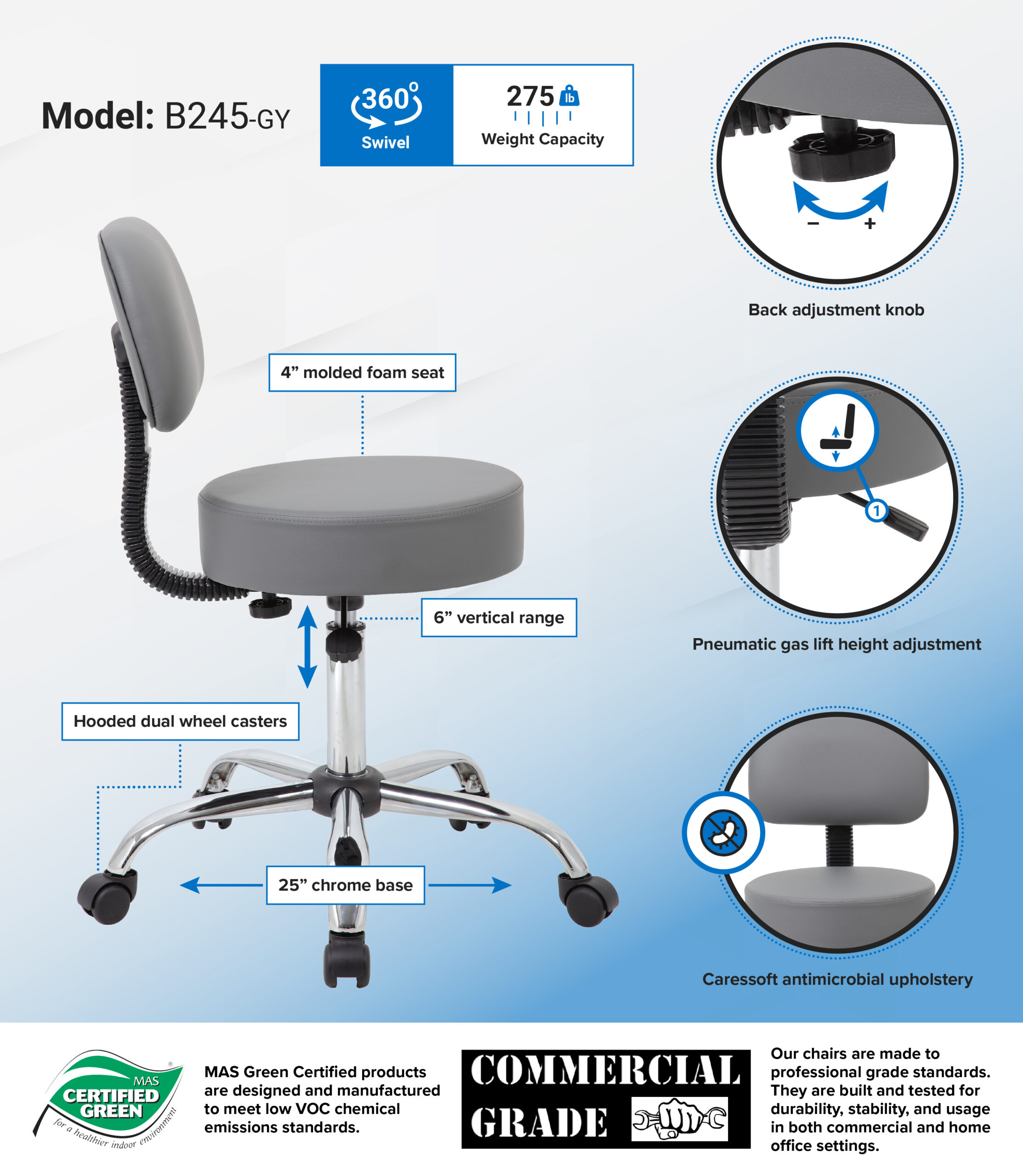 Boss Office AM Vinyl Be Well Medical Spa Professional Adjustable Stool with Back, Grey - Image 3