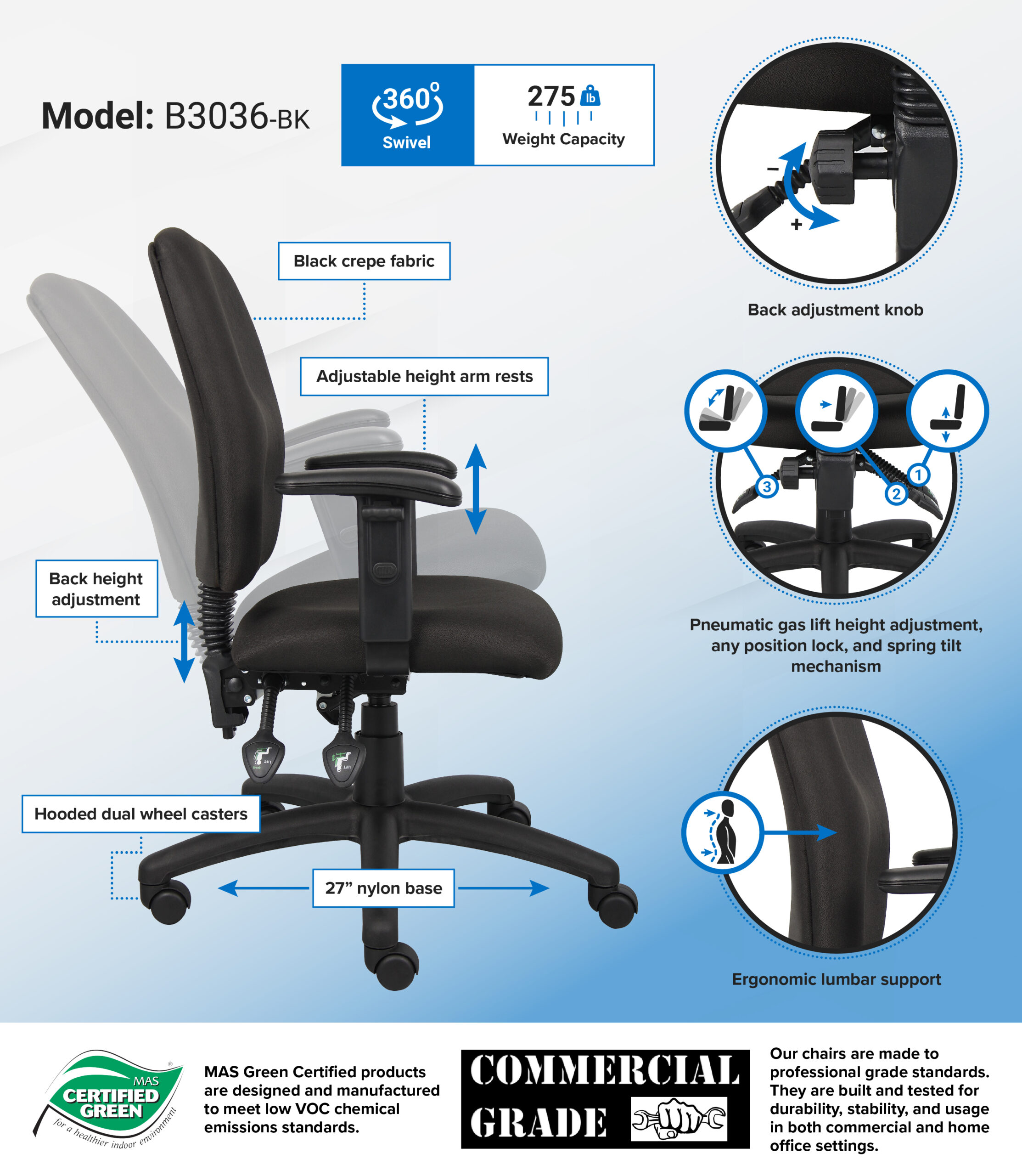 Boss Multi-Function Fabric Task Chair W/ Adjustable Arms - Image 2