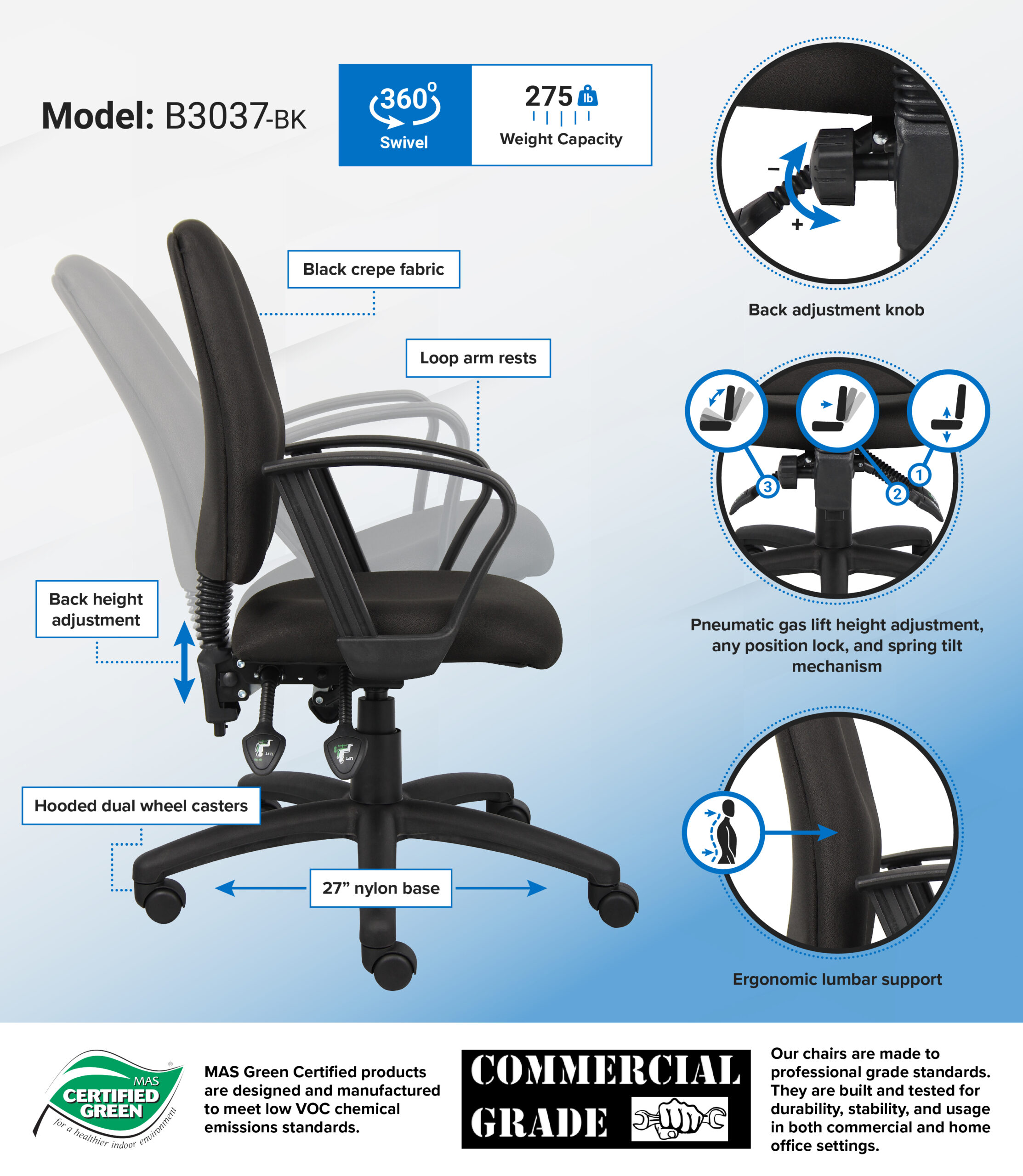 Boss Multi-Function Fabric Task Chair W/Loop Arms - Image 2