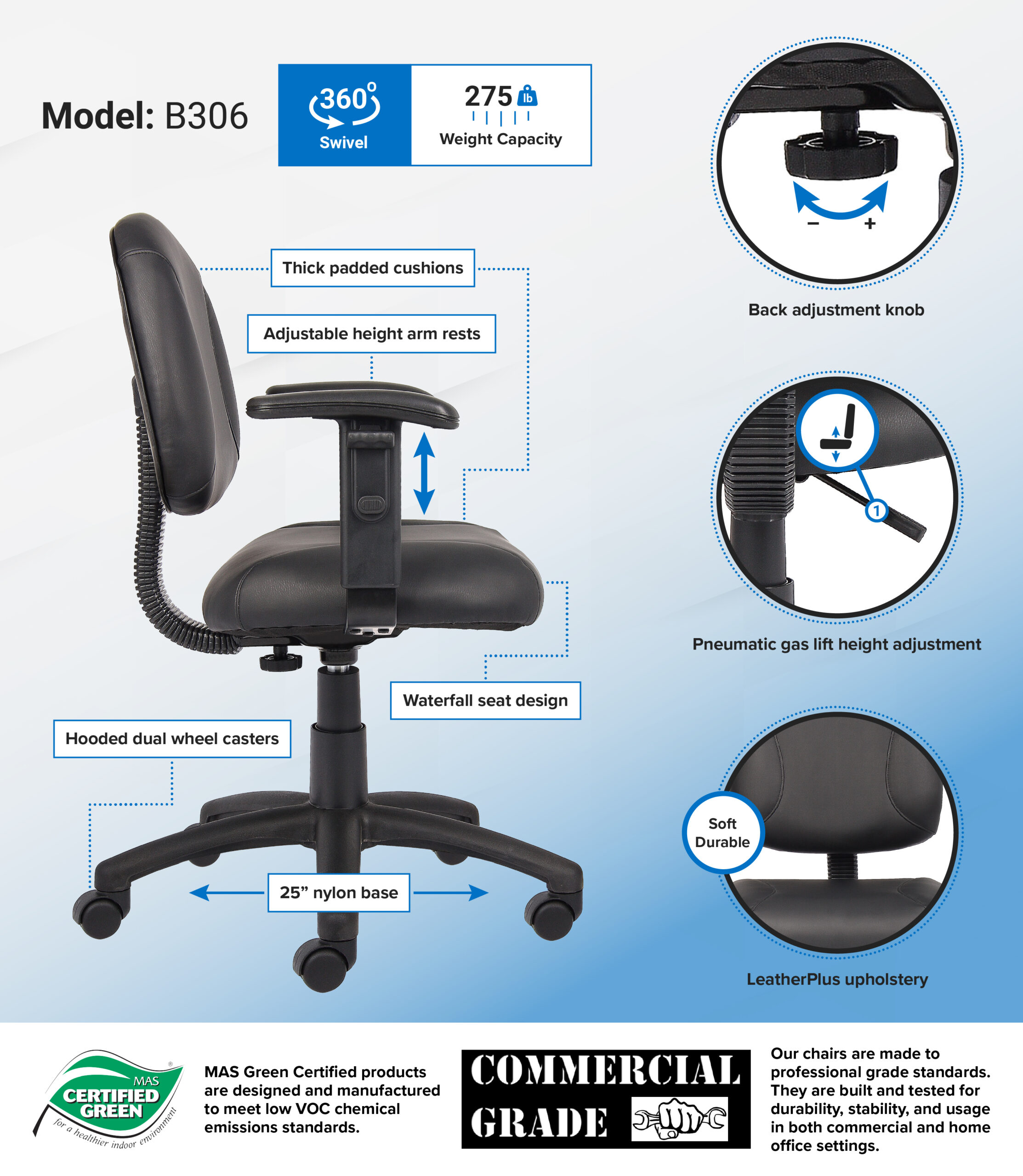 Boss Black Posture Chair W/ Adjustable Arms - Image 3